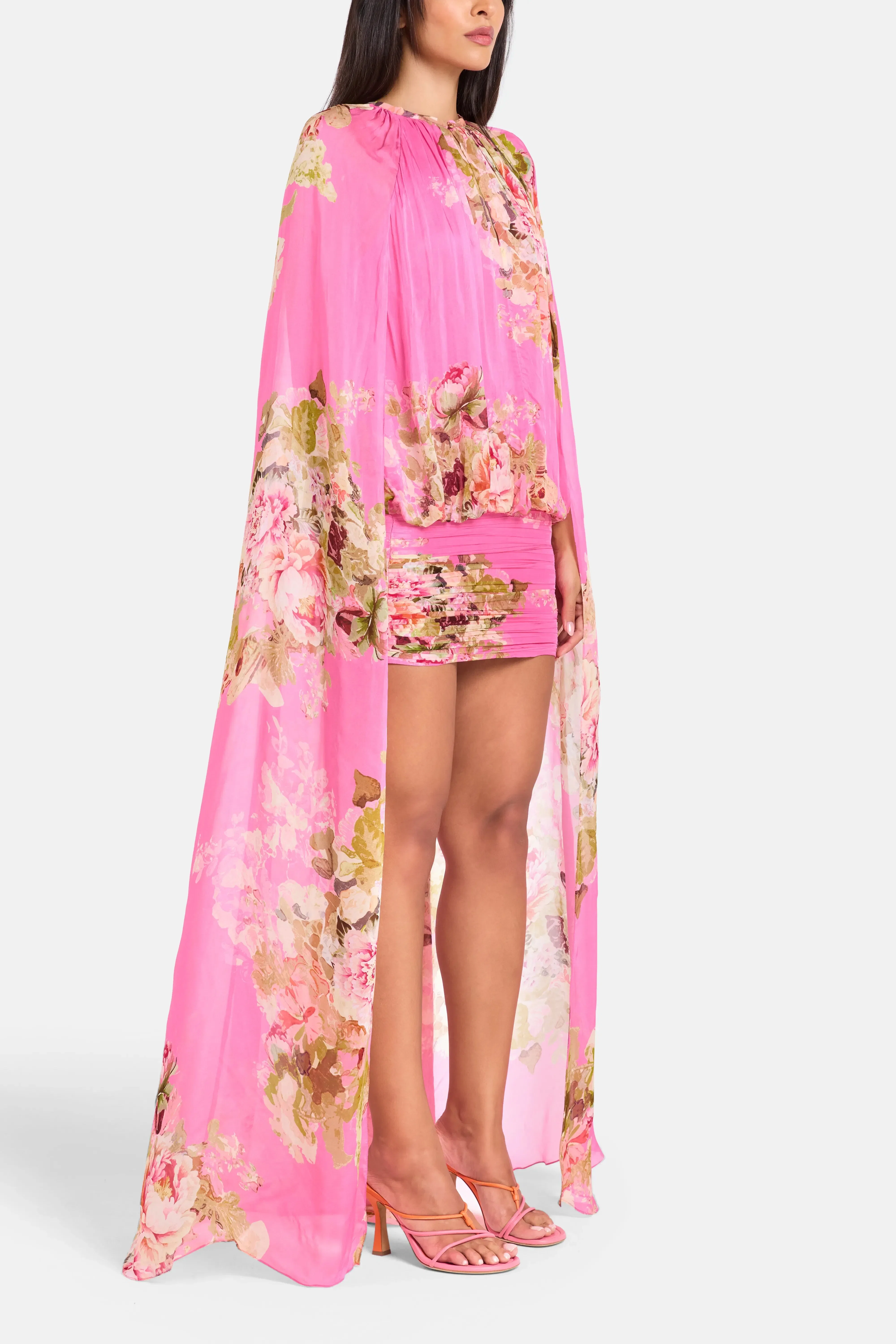 Hemant And Nandita Ruched Cape Floral Mini Dress in Pink