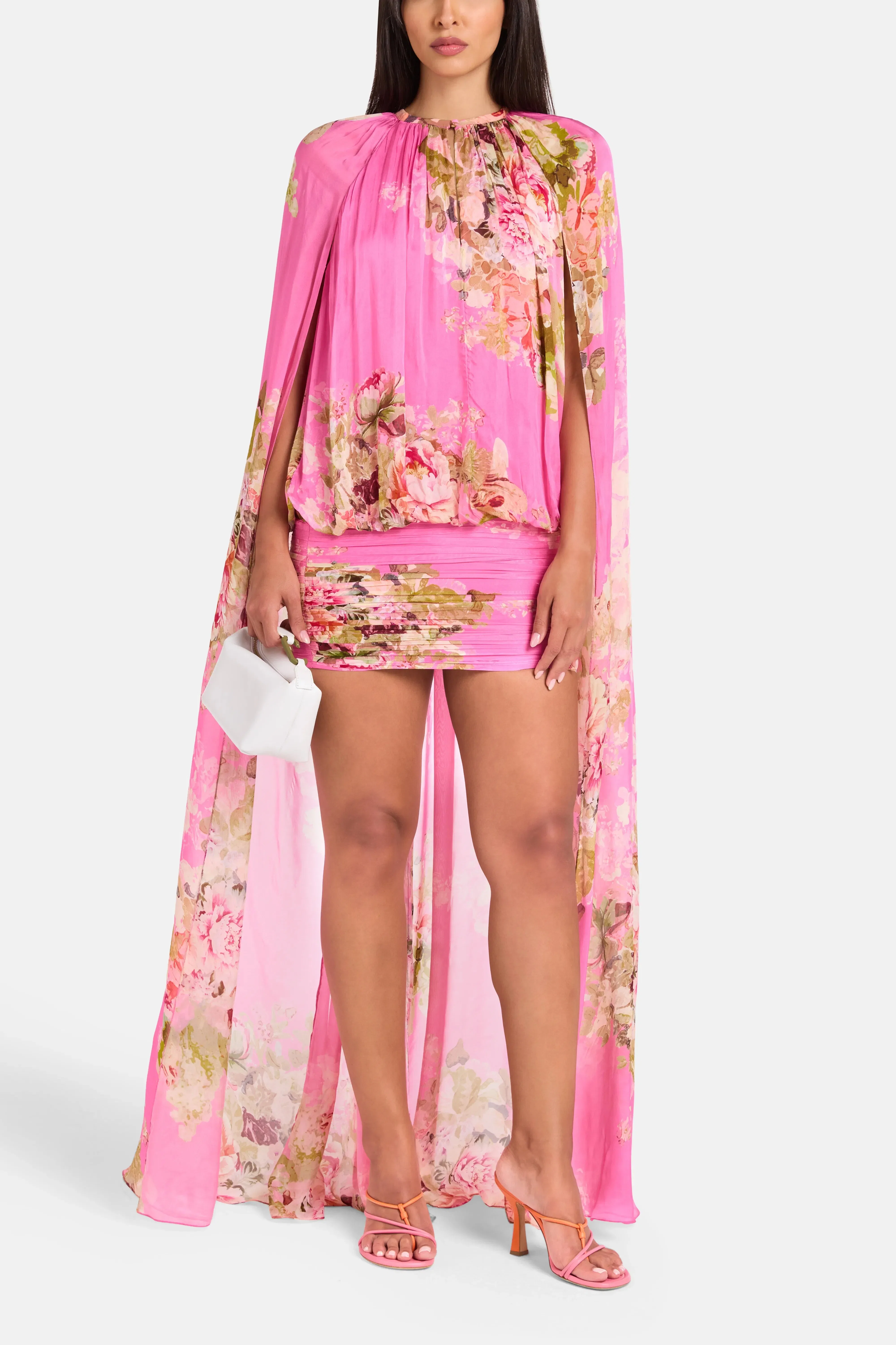 Hemant And Nandita Ruched Cape Floral Mini Dress in Pink