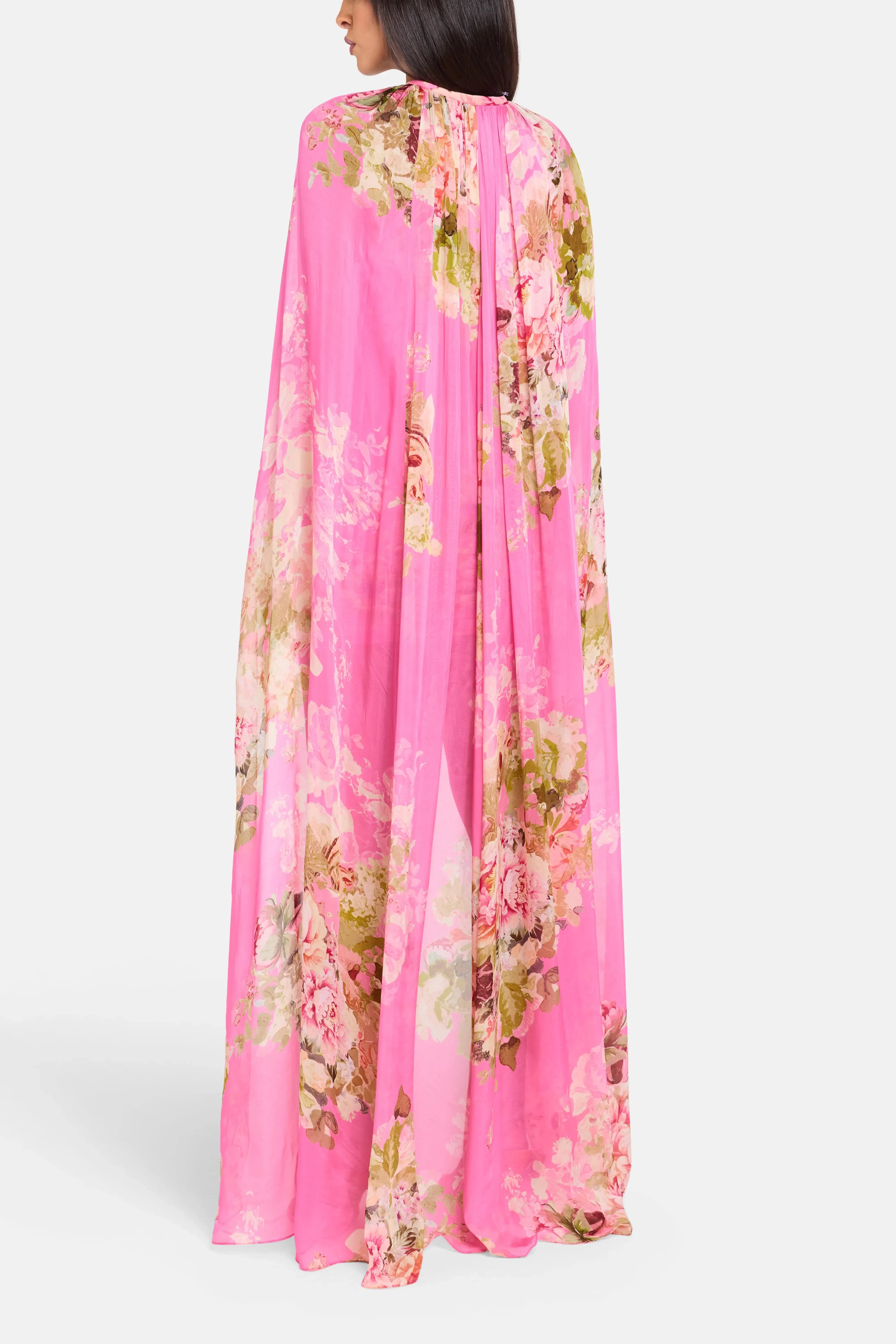 Hemant And Nandita Ruched Cape Floral Mini Dress in Pink