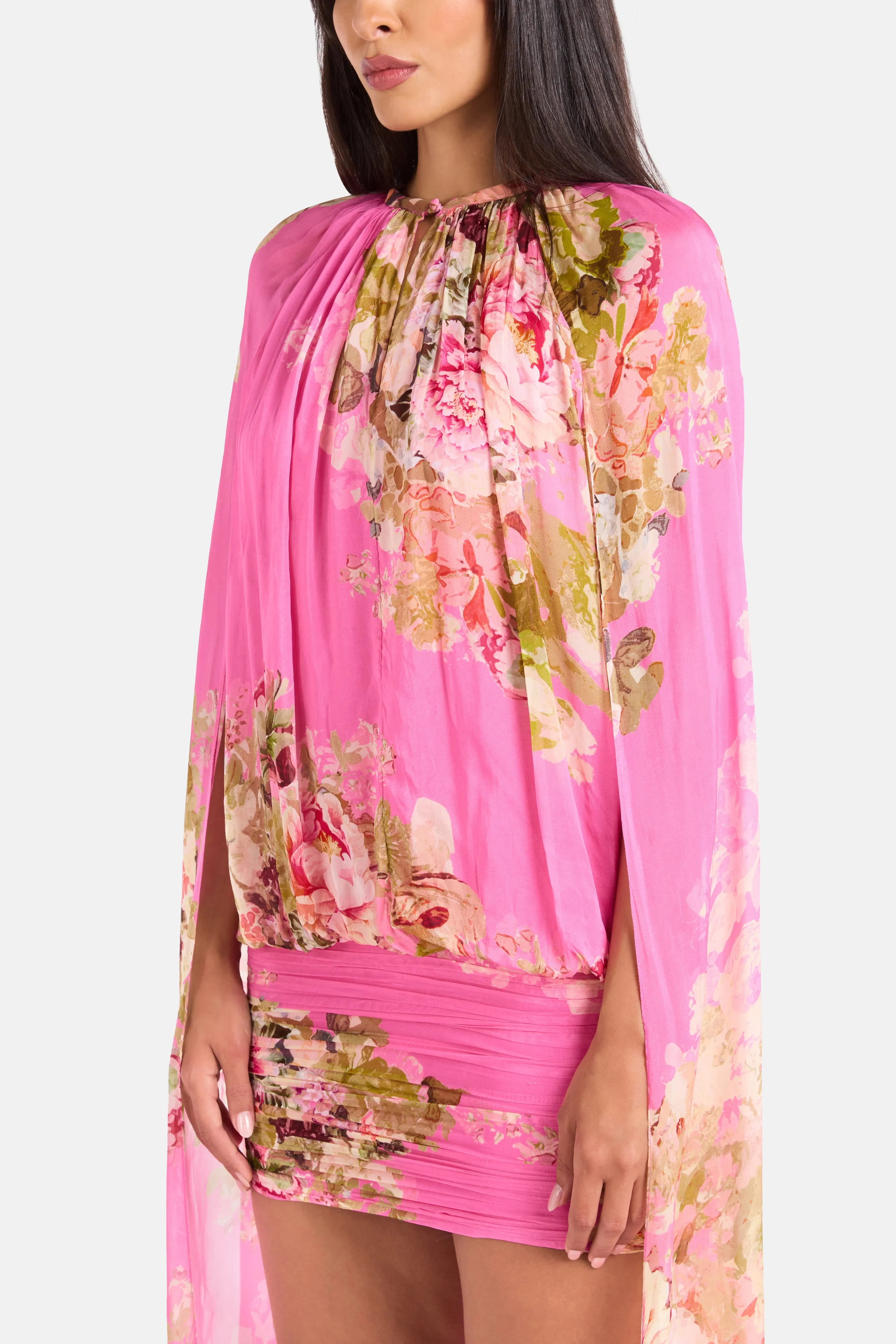 Hemant And Nandita Ruched Cape Floral Mini Dress in Pink