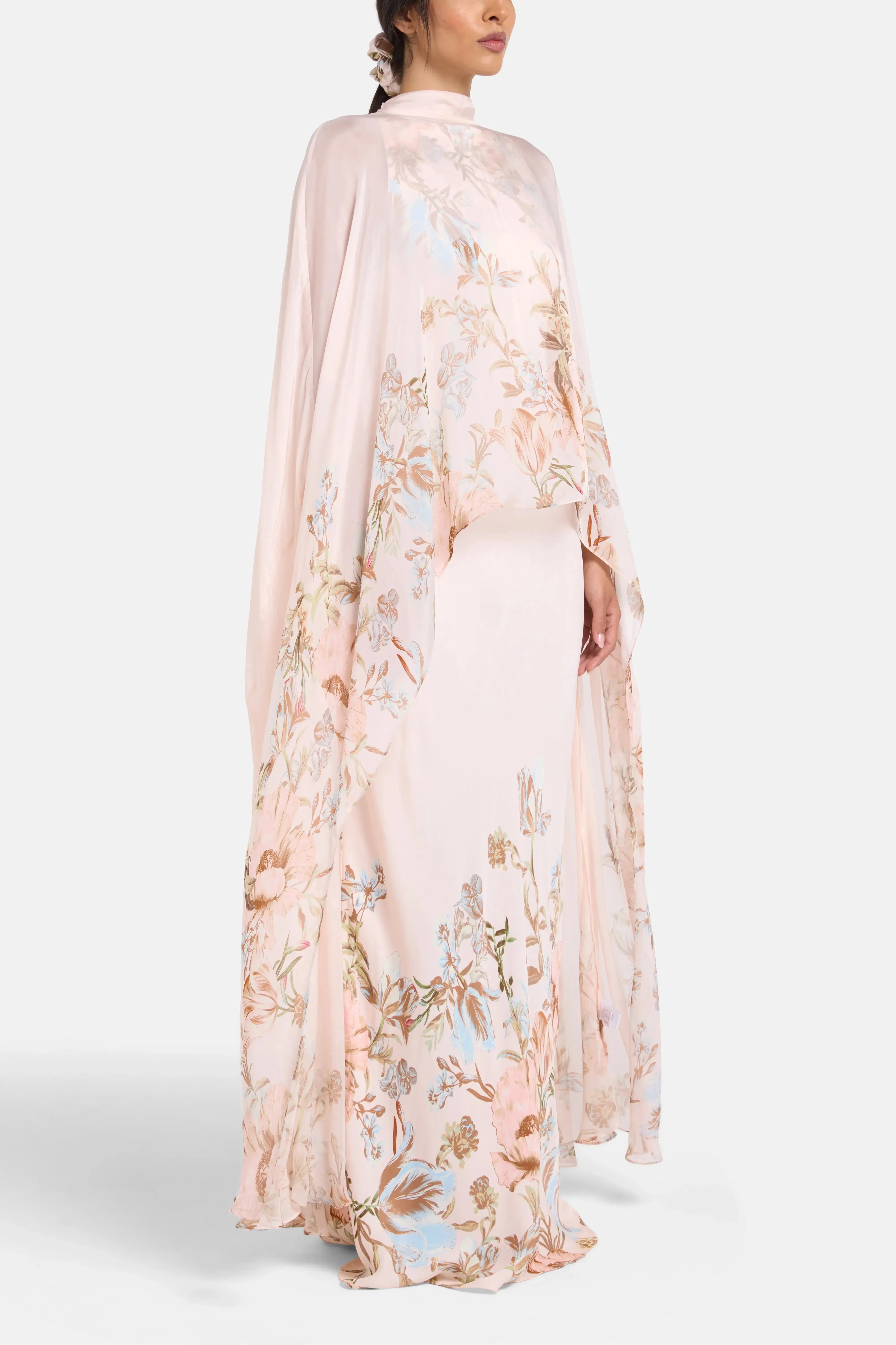 Hemant And Nandita Bias Floral Cape Maxi Dress in Beige