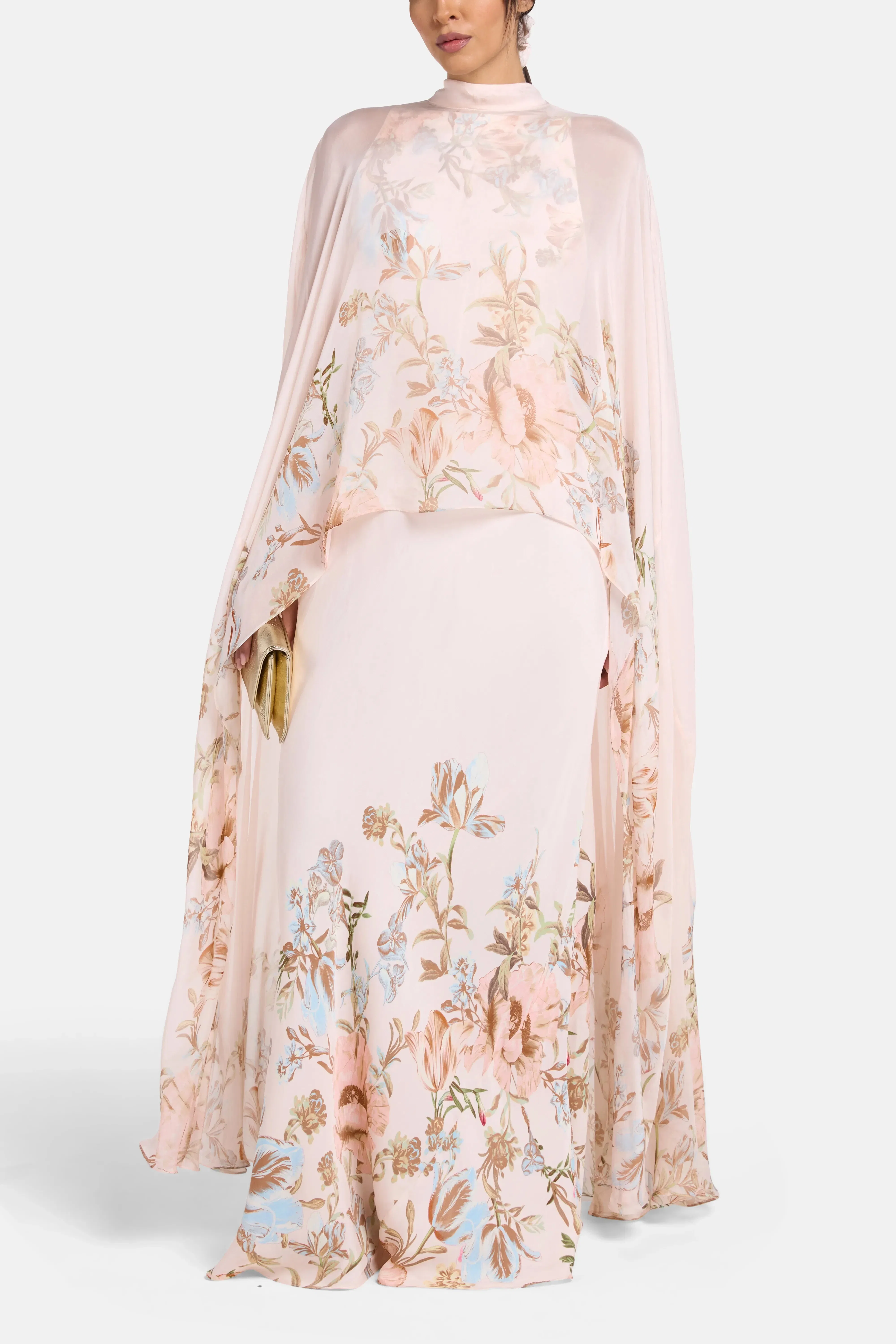 Hemant And Nandita Bias Floral Cape Maxi Dress in Beige