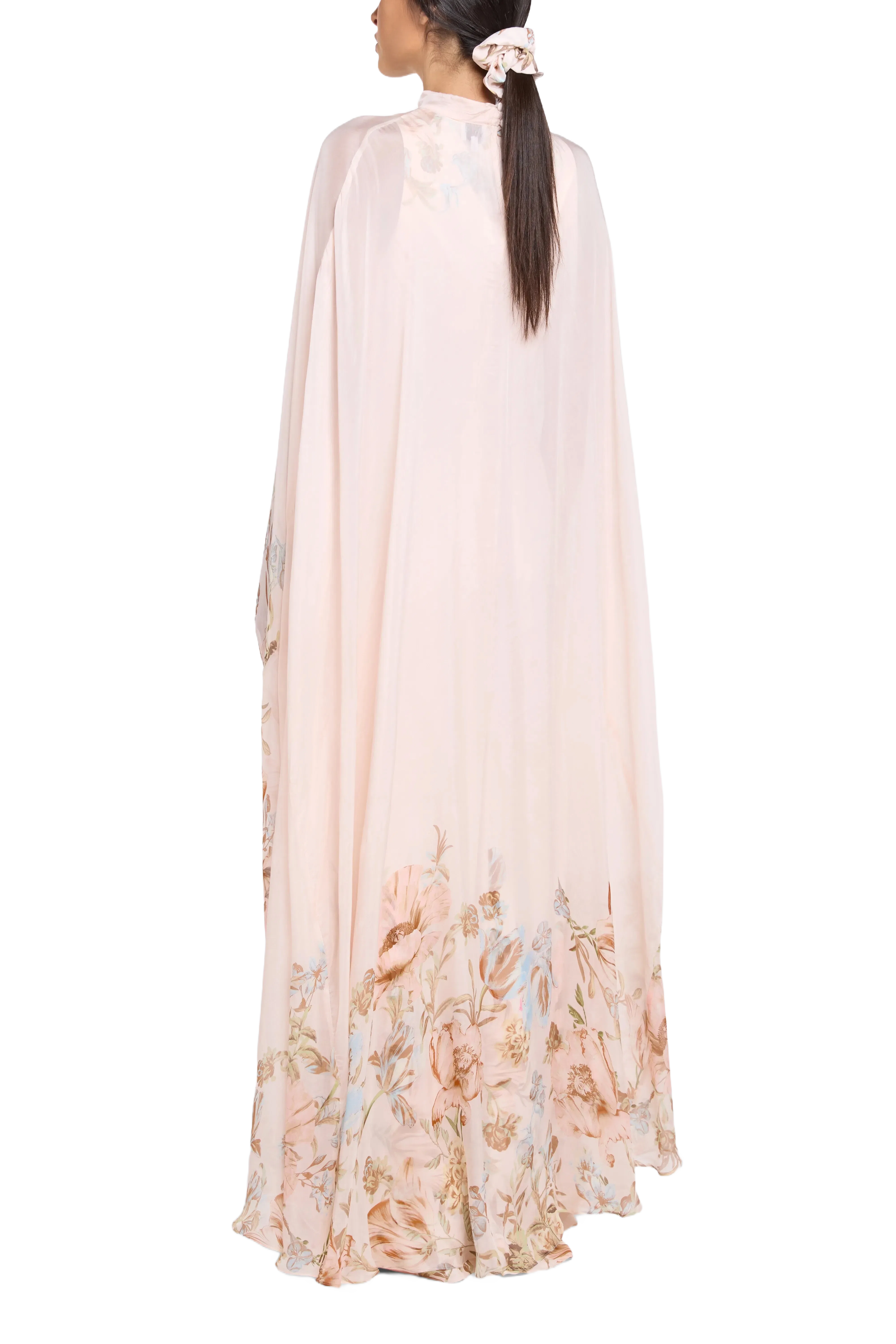 Hemant And Nandita Bias Floral Cape Maxi Dress in Beige