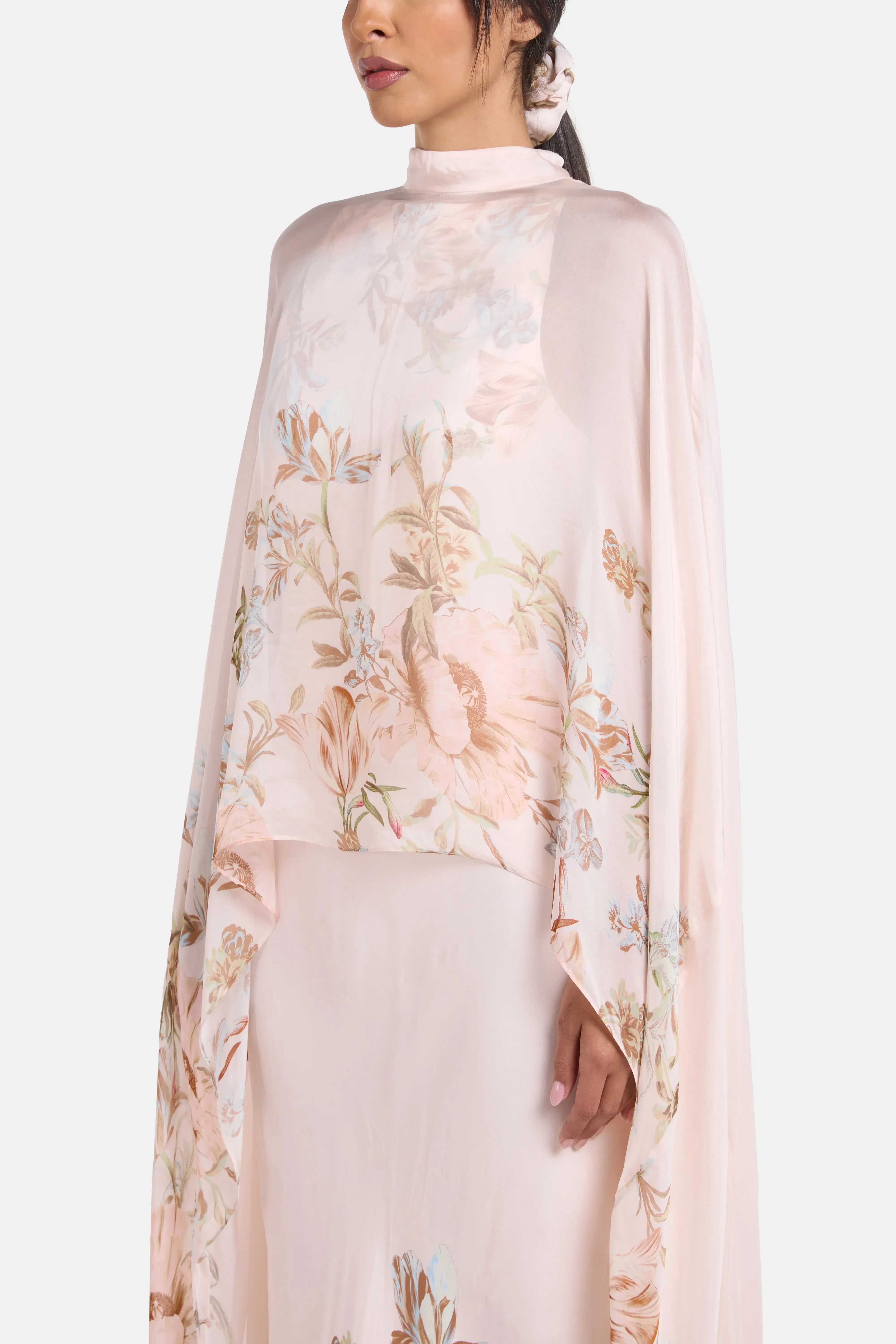 Hemant And Nandita Bias Floral Cape Maxi Dress in Beige