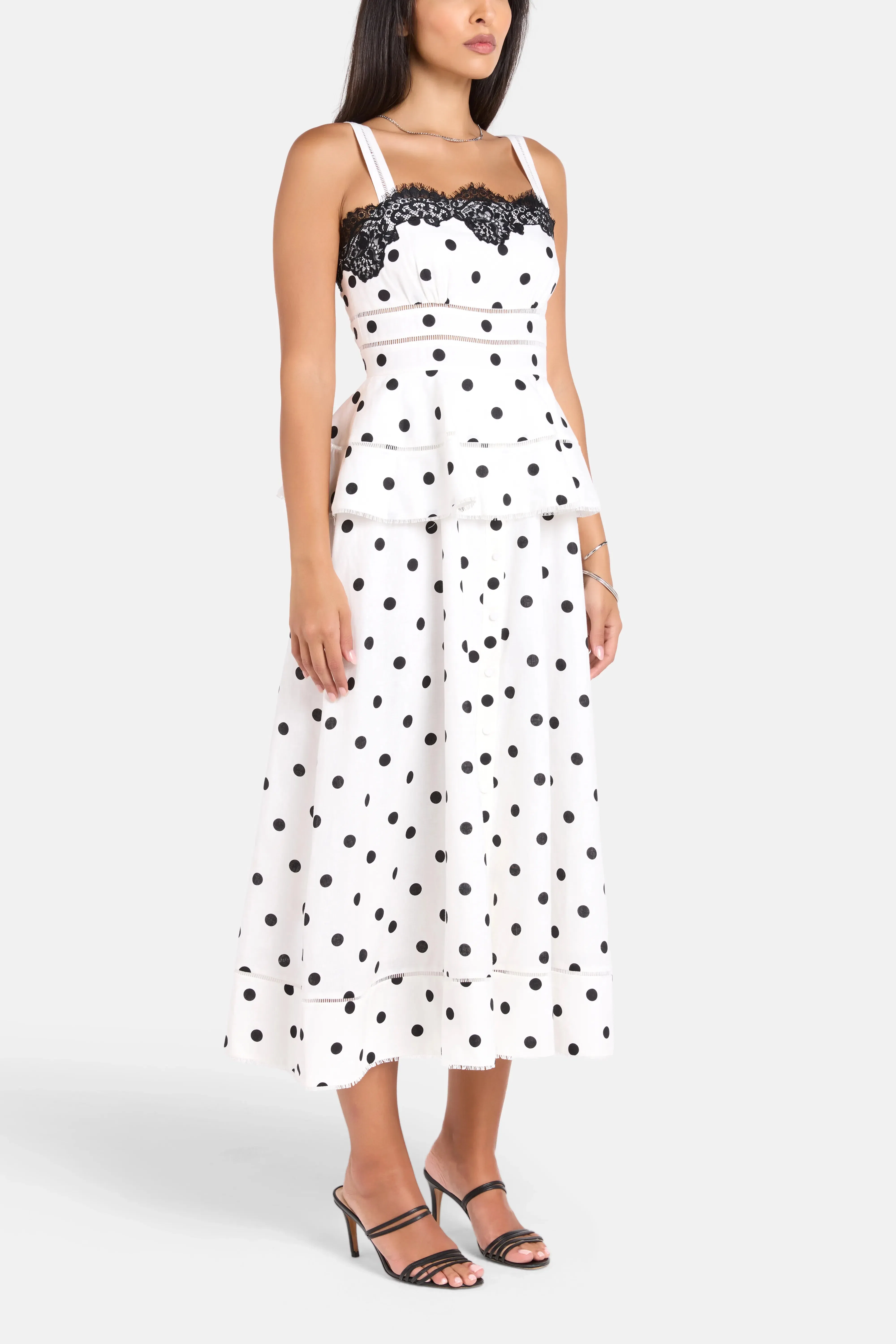 Self-Portrait Polka Dot Sleeveless Linen Lace Midi Dress in White