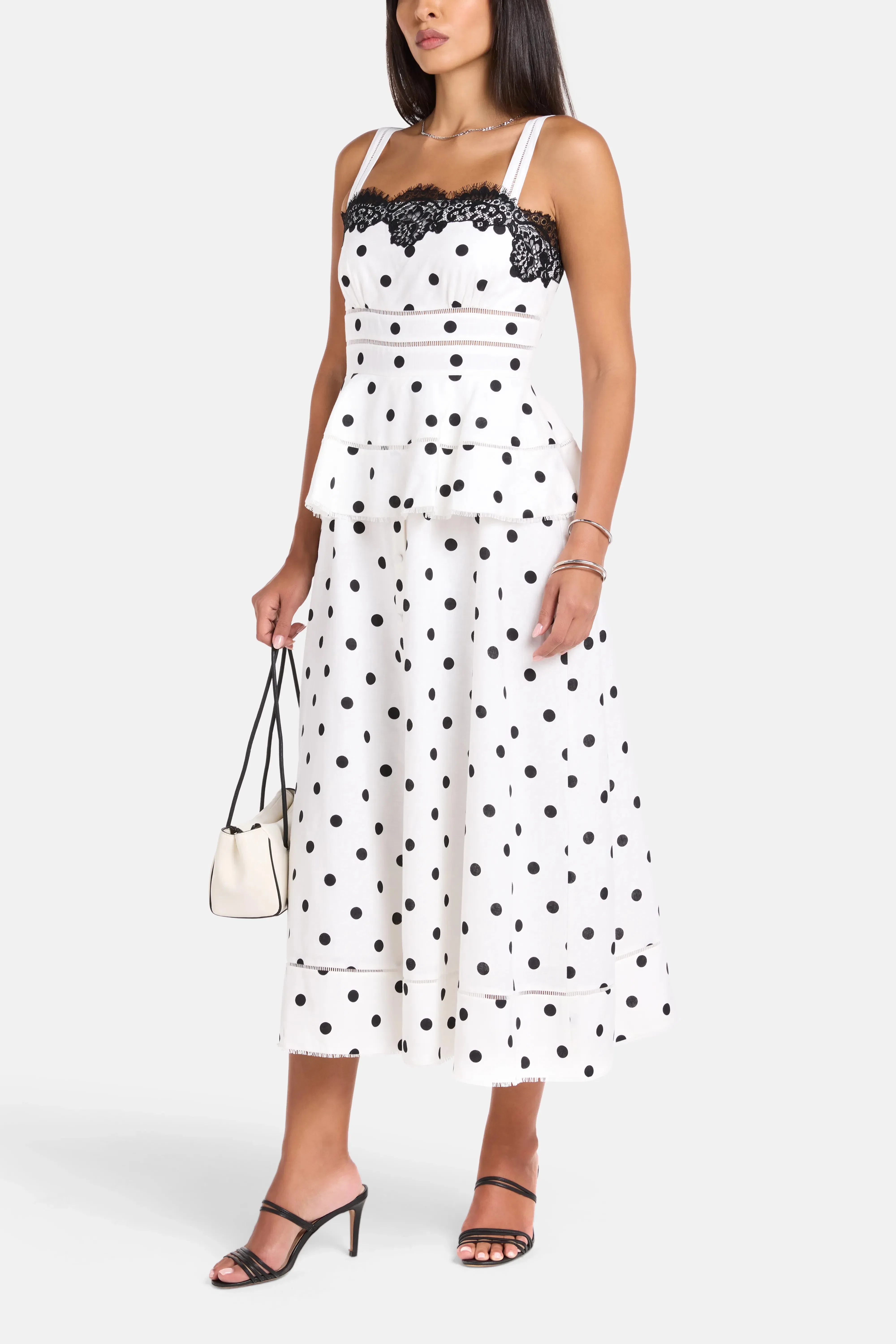 Self-Portrait Polka Dot Sleeveless Linen Lace Midi Dress in White