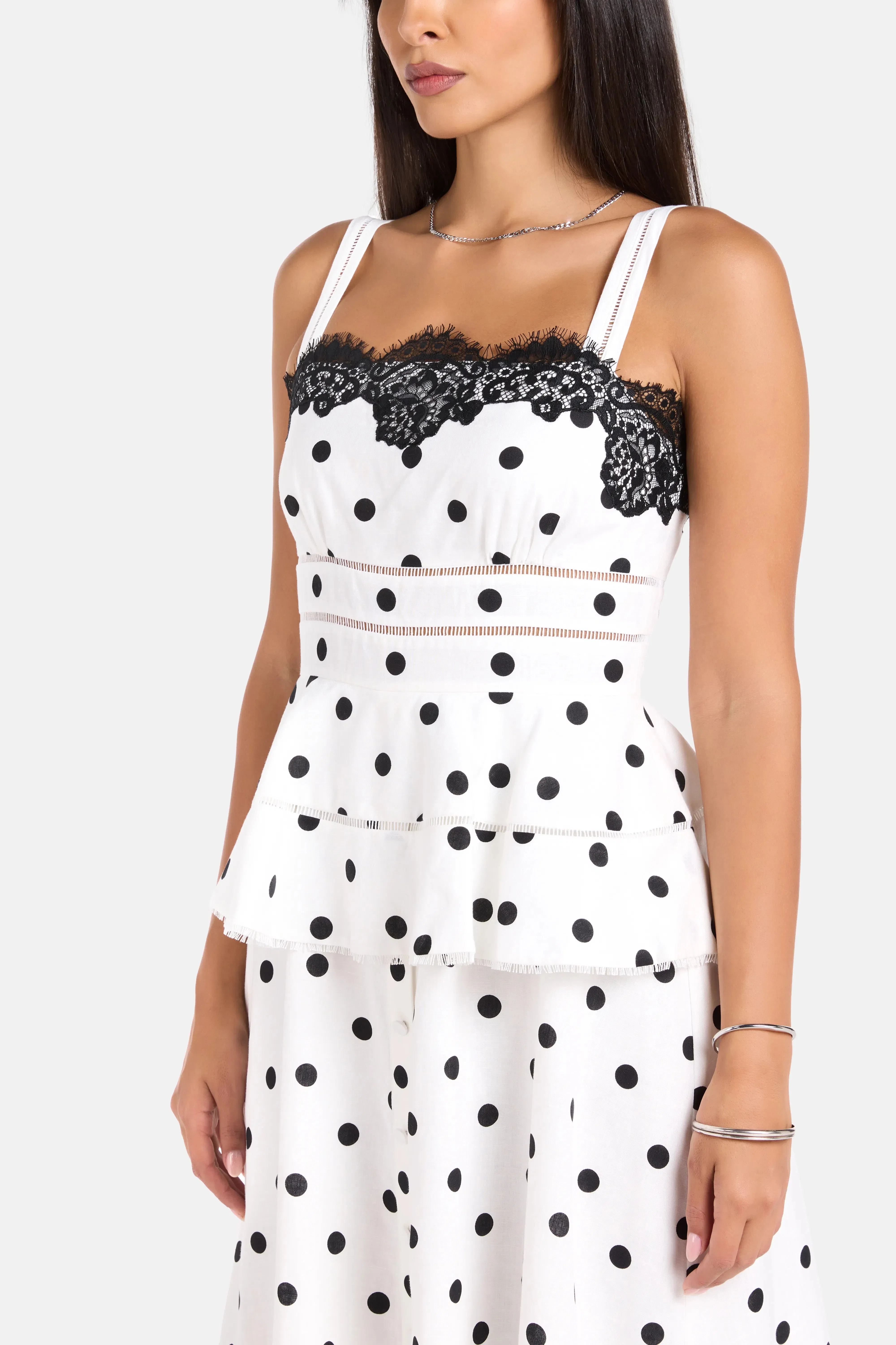 Self-Portrait Polka Dot Sleeveless Linen Lace Midi Dress in White