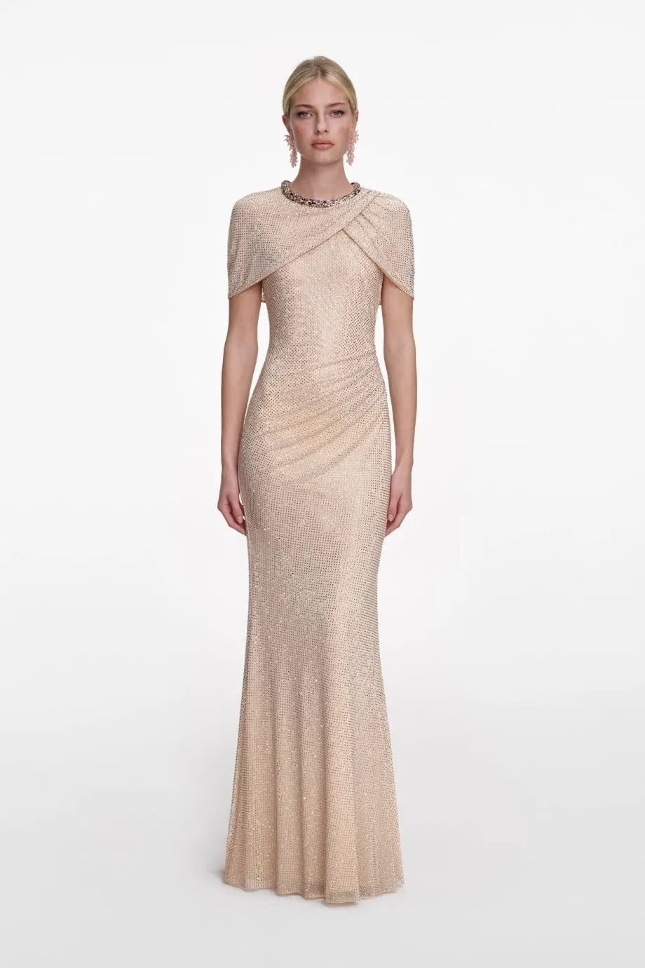 Self-Portrait Rhinestone Evening Dress in Beige