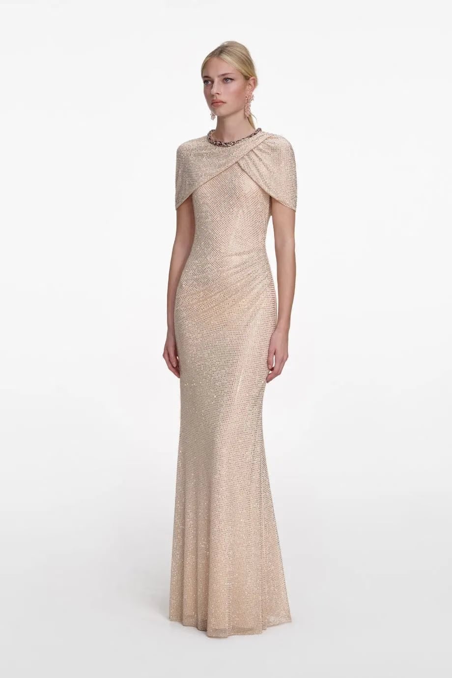 Self-Portrait Rhinestone Evening Dress in Beige