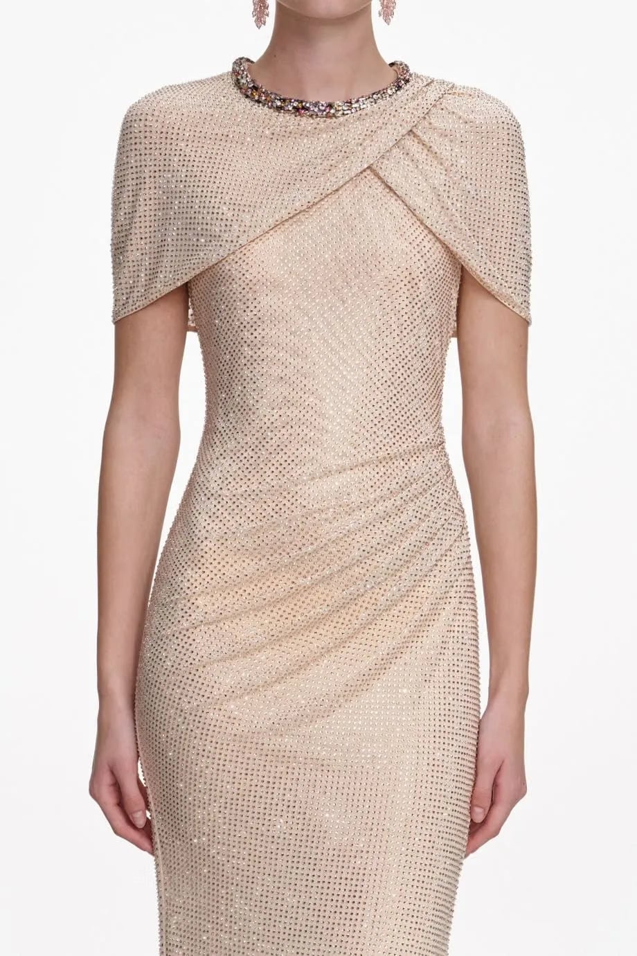 Self-Portrait Rhinestone Evening Dress in Beige