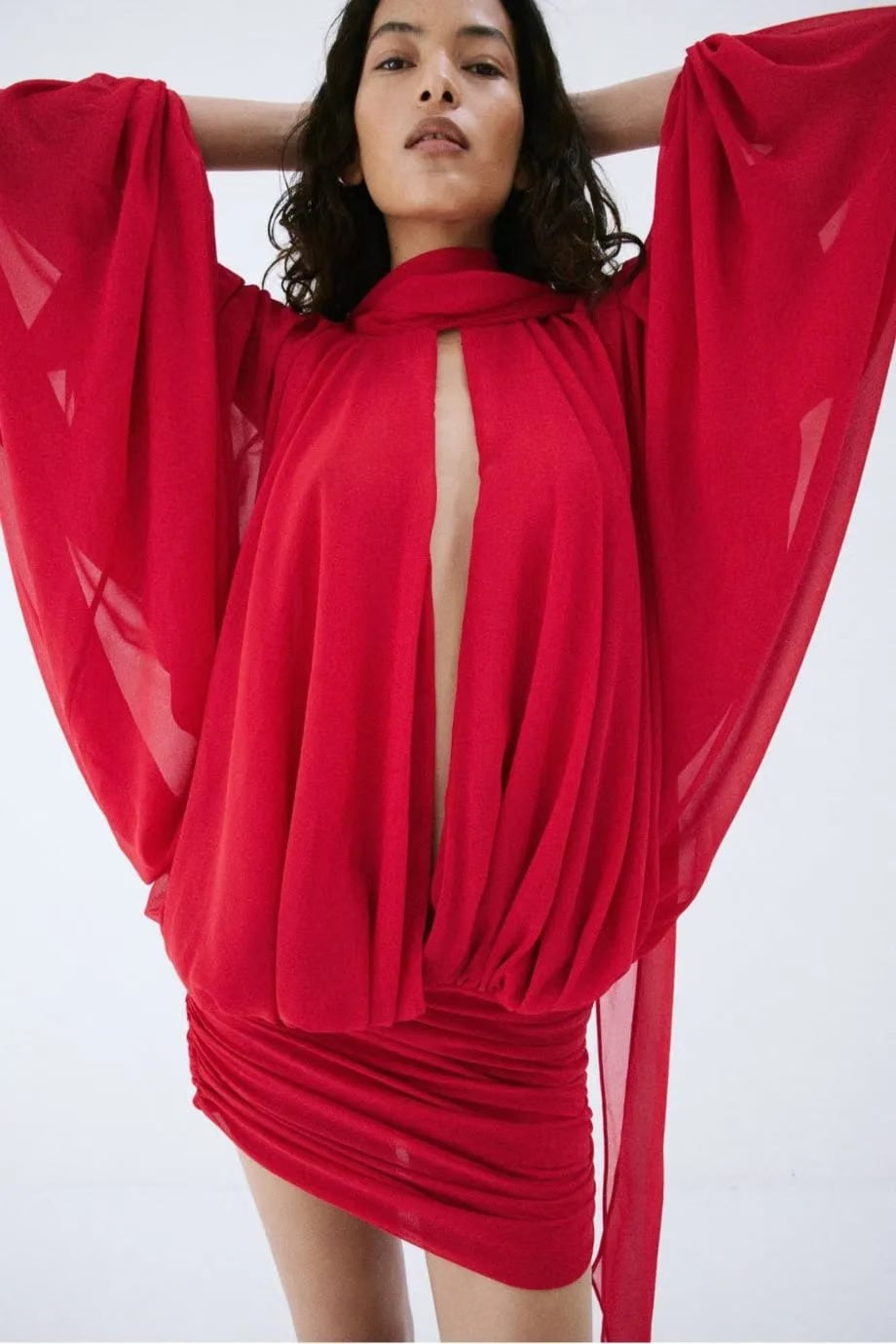 De La Vali Maite Chiffon Mini Dress in Red with Scarf