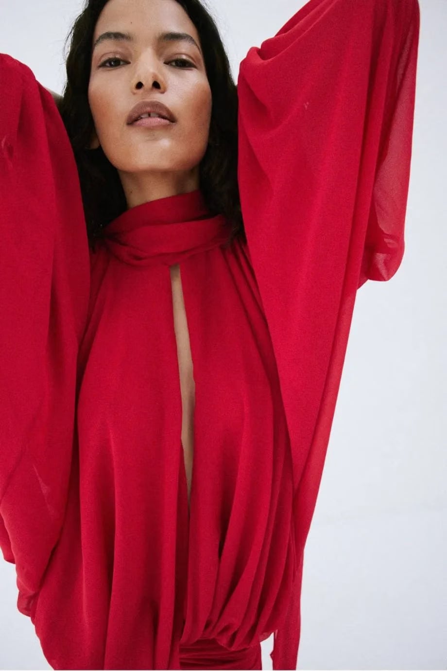 De La Vali Maite Chiffon Mini Dress in Red with Scarf
