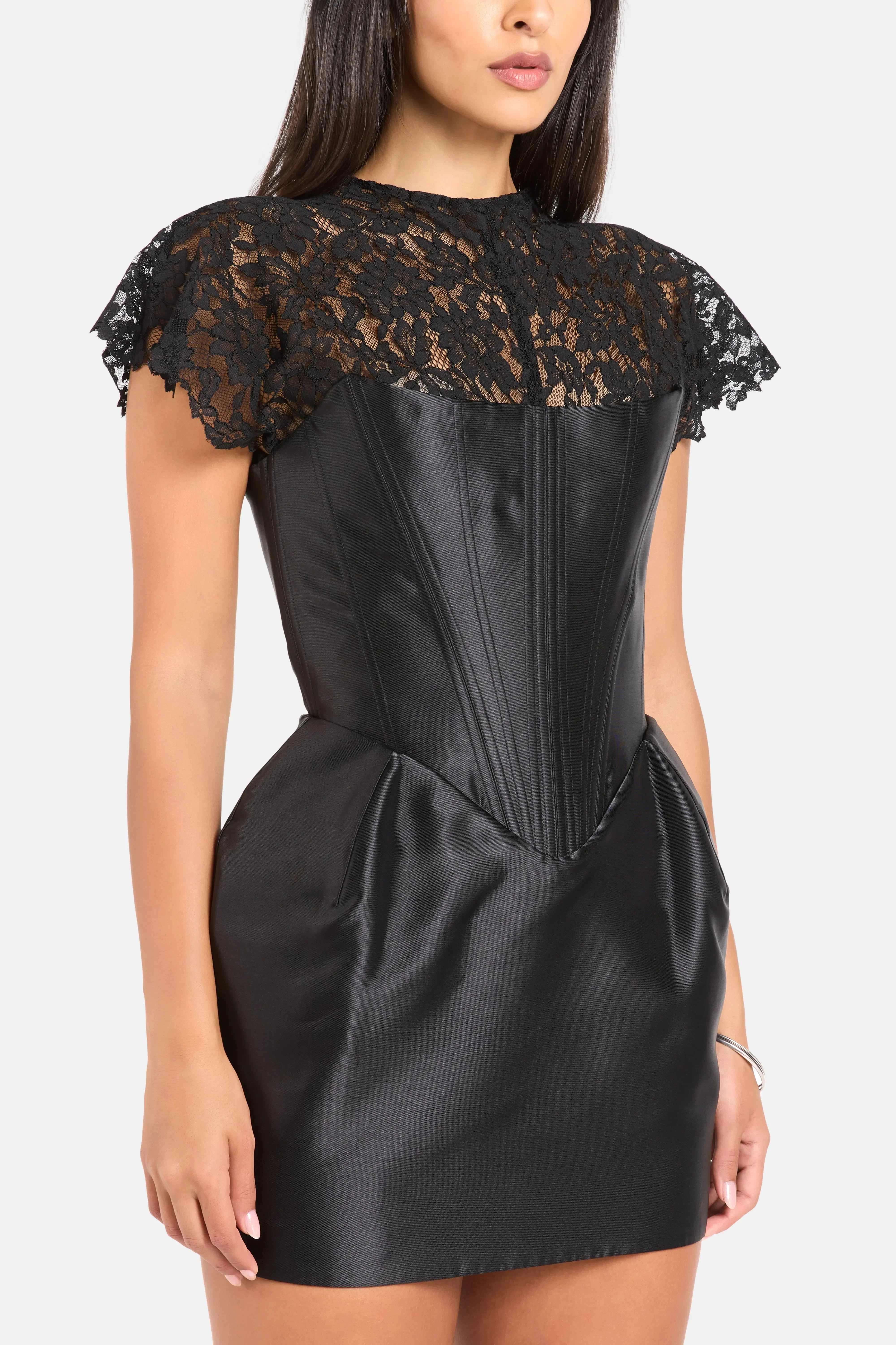 De La Vali Catalina Twill Lace Corsetted Mini Dress in Black