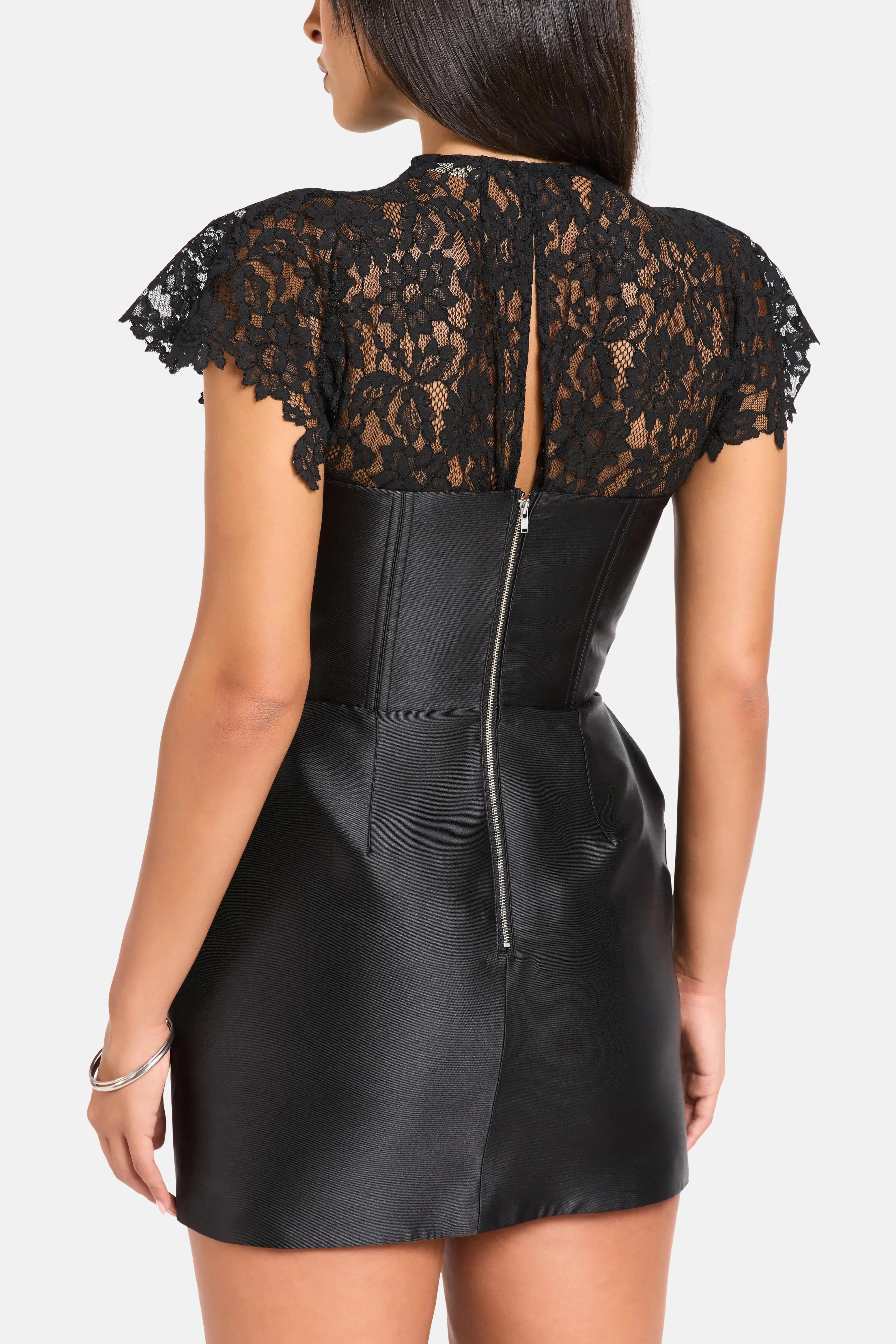 De La Vali Catalina Twill Lace Corsetted Mini Dress in Black