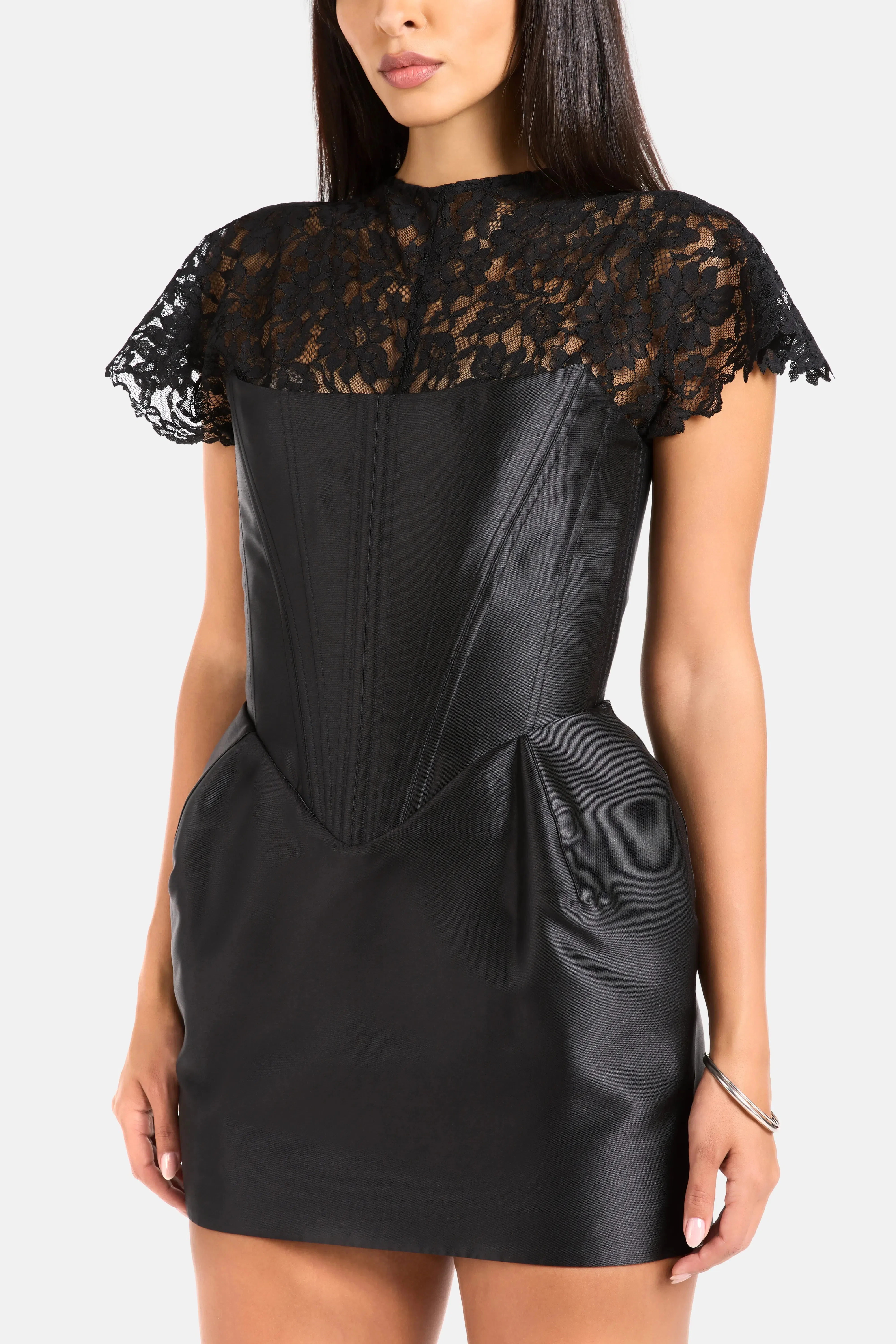 De La Vali Catalina Twill Lace Corsetted Mini Dress in Black