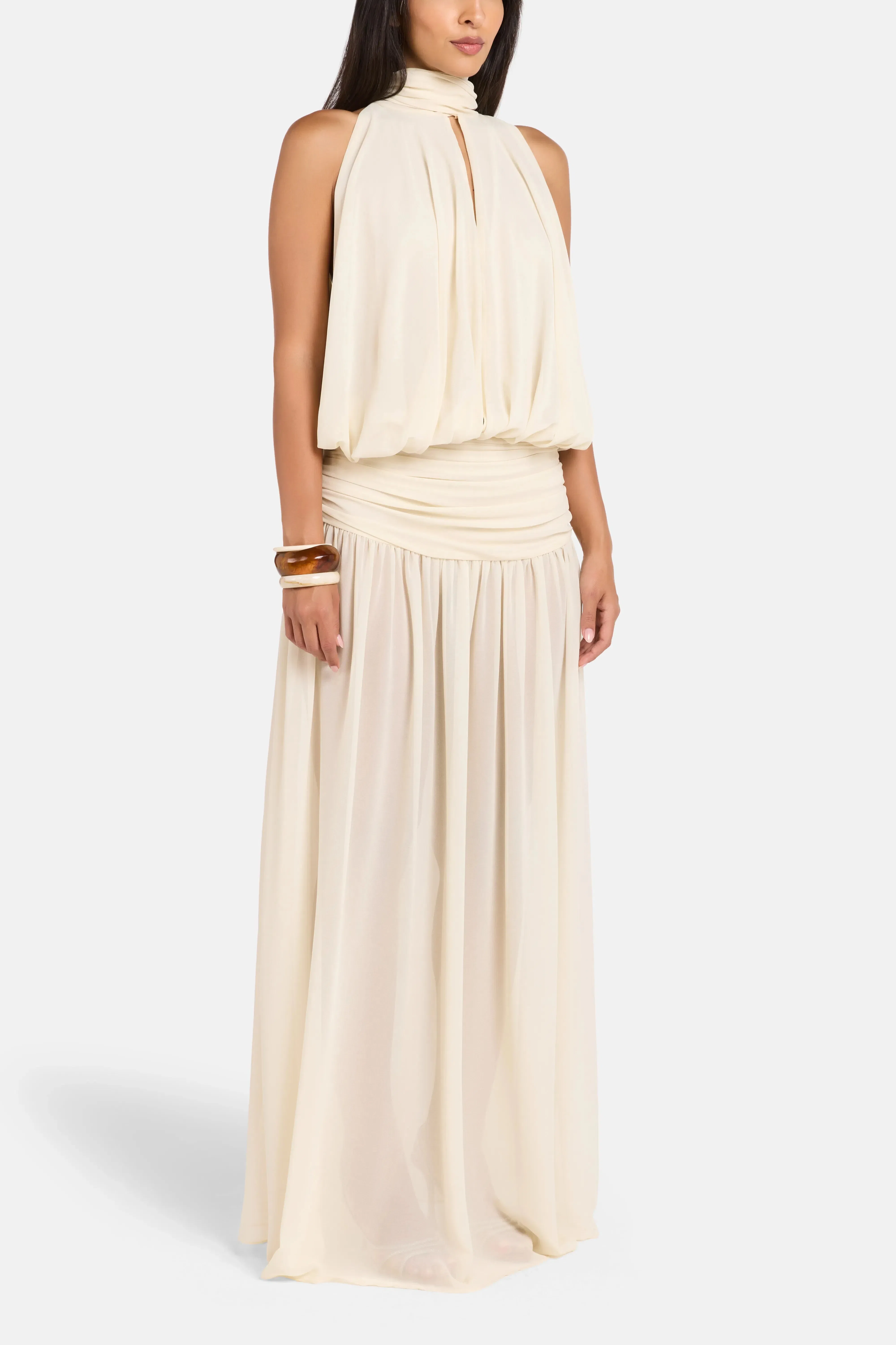 De La Vali Cruz Chiffon Halter Neck Sleeveless Maxi Dress in White with Scarf