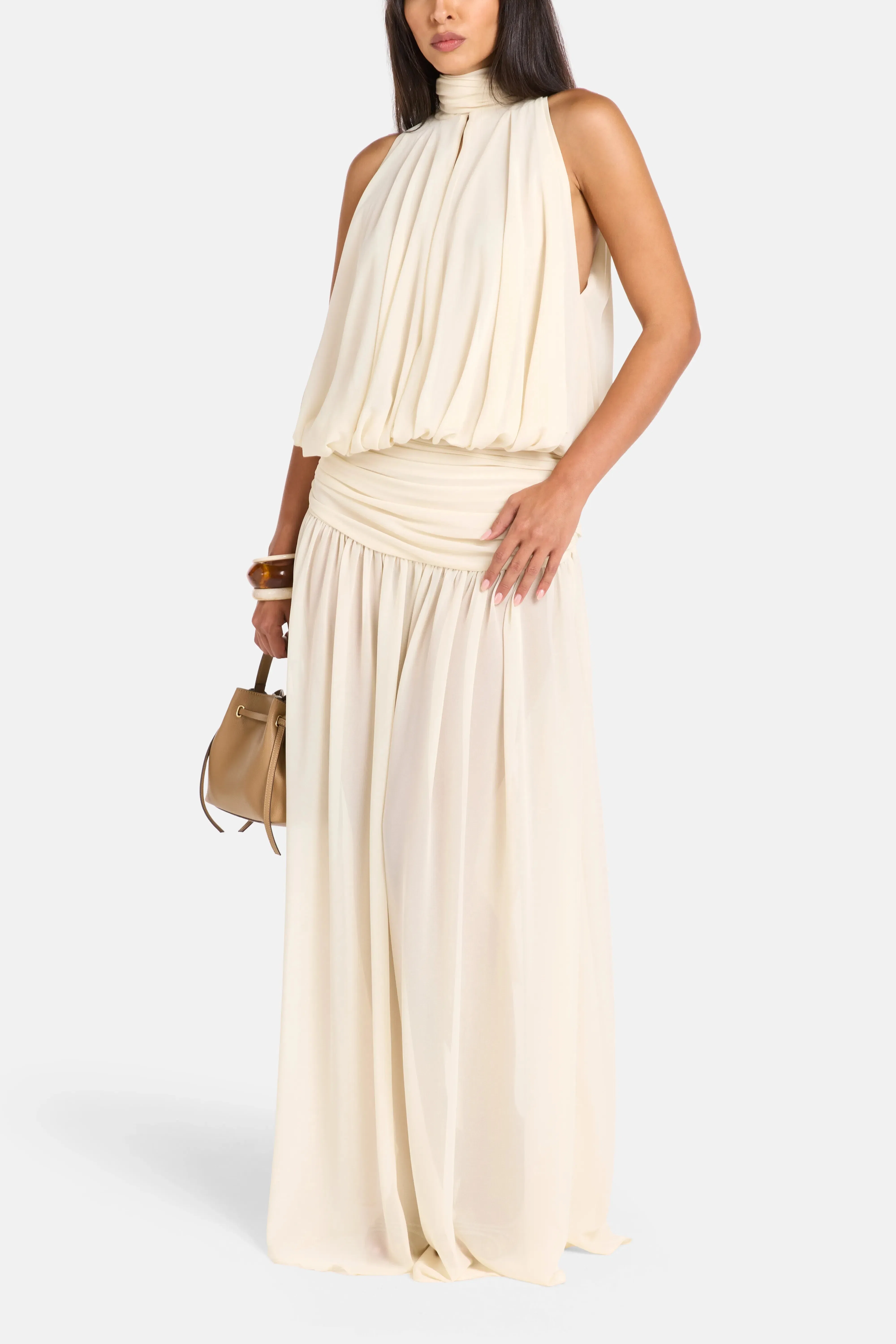 De La Vali Cruz Chiffon Halter Neck Sleeveless Maxi Dress in White with Scarf