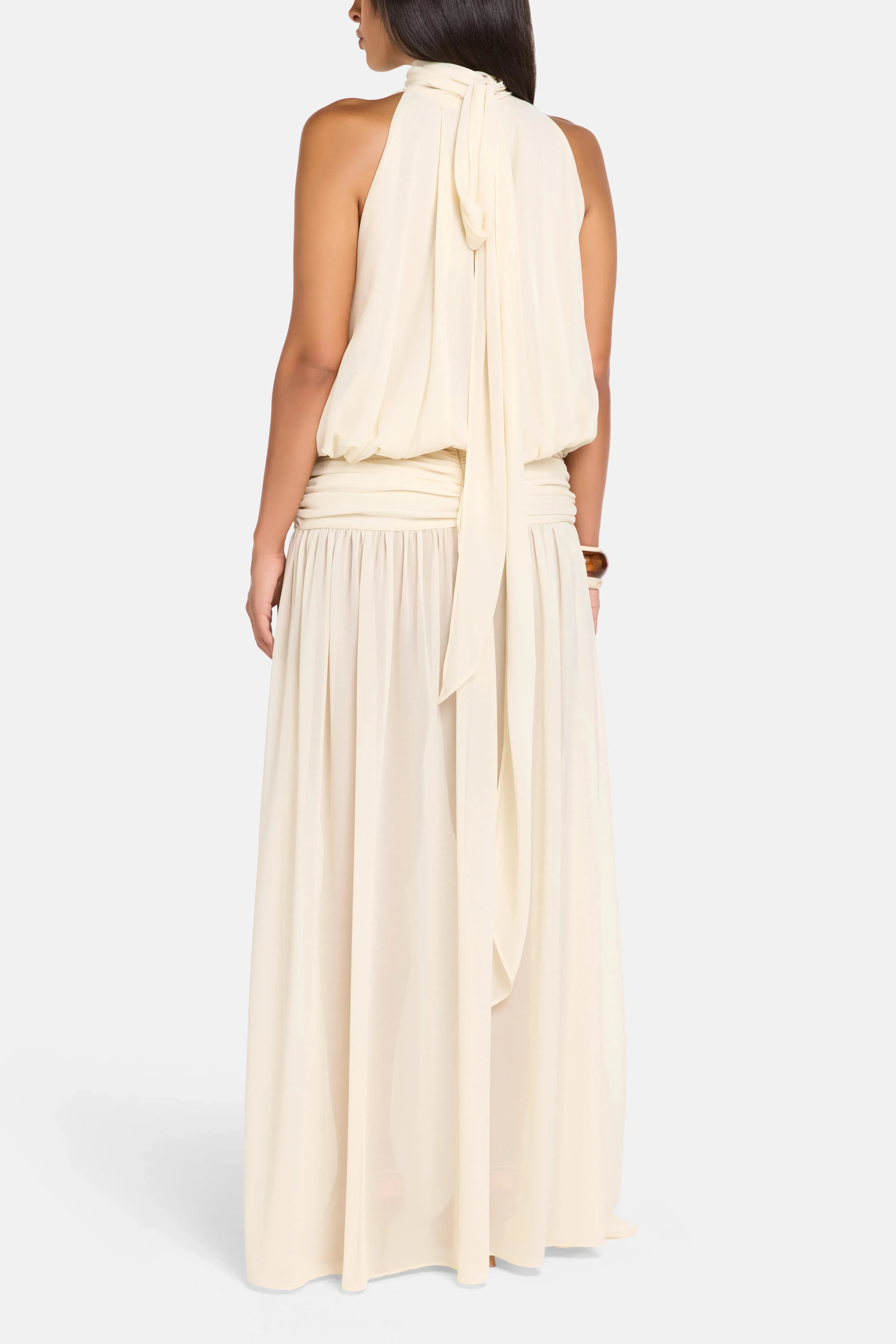 De La Vali Cruz Chiffon Halter Neck Sleeveless Maxi Dress in White with Scarf