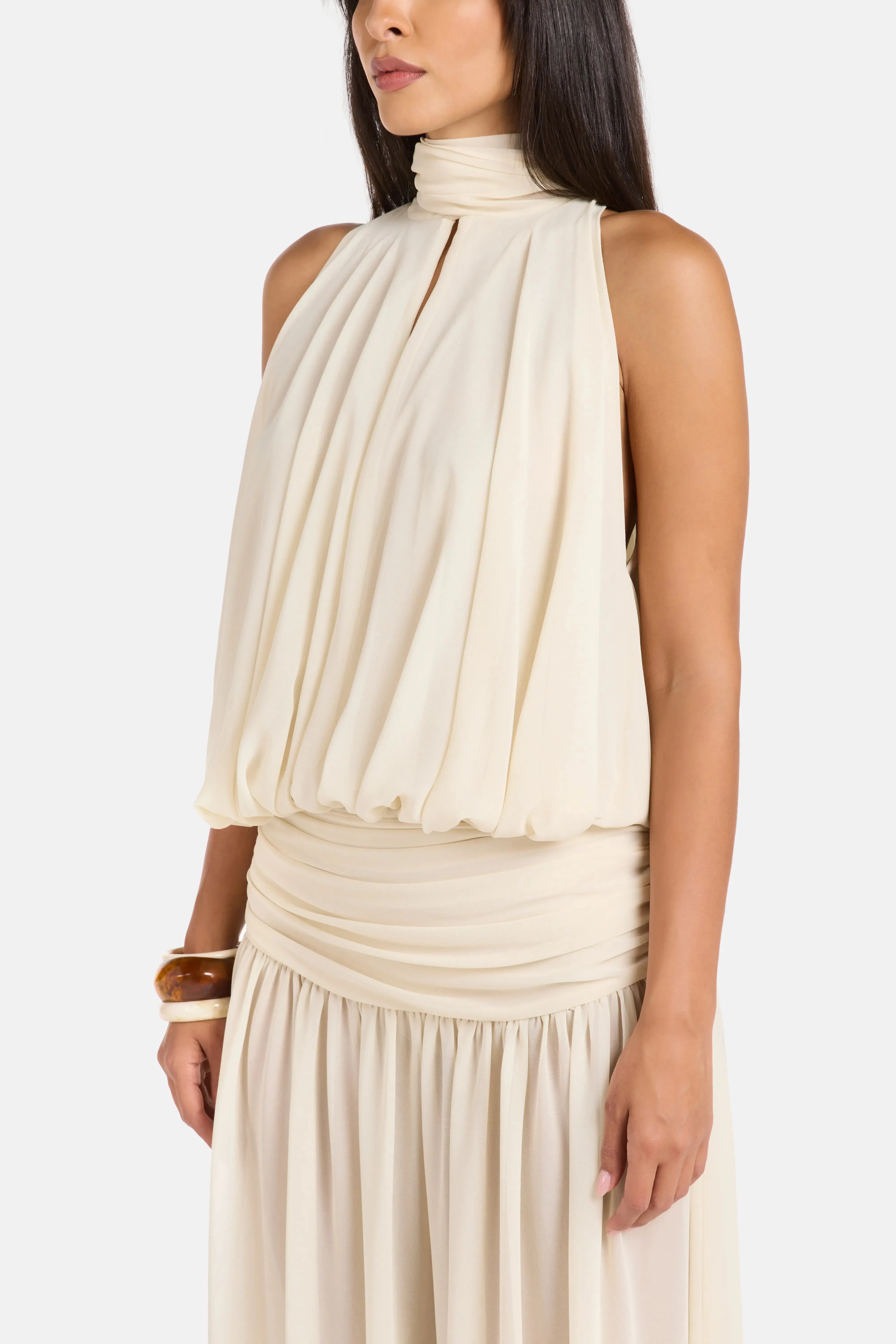 De La Vali Cruz Chiffon Halter Neck Sleeveless Maxi Dress in White with Scarf