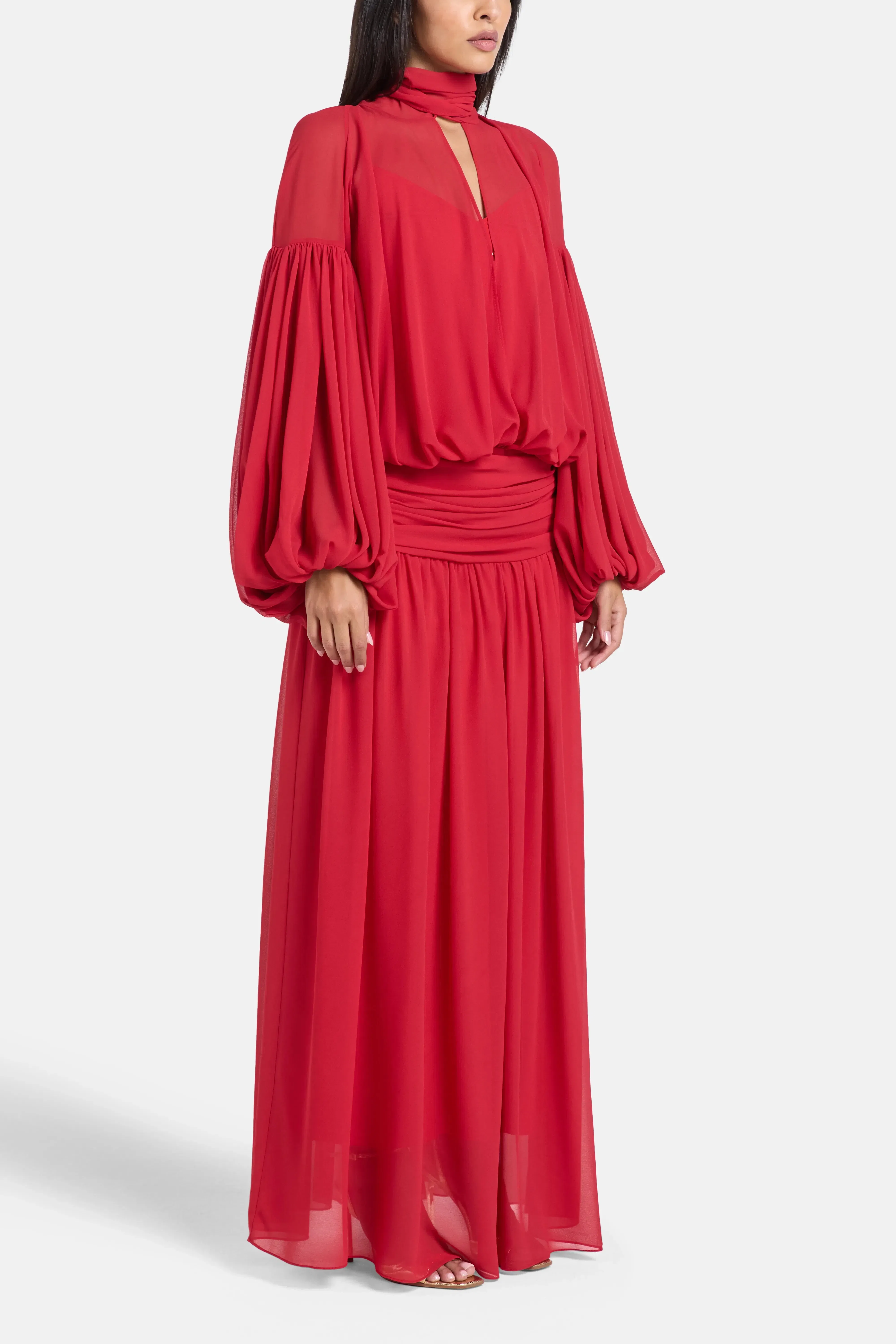 De La Vali Solana Chiffon Maxi Dress in Red with Scarf