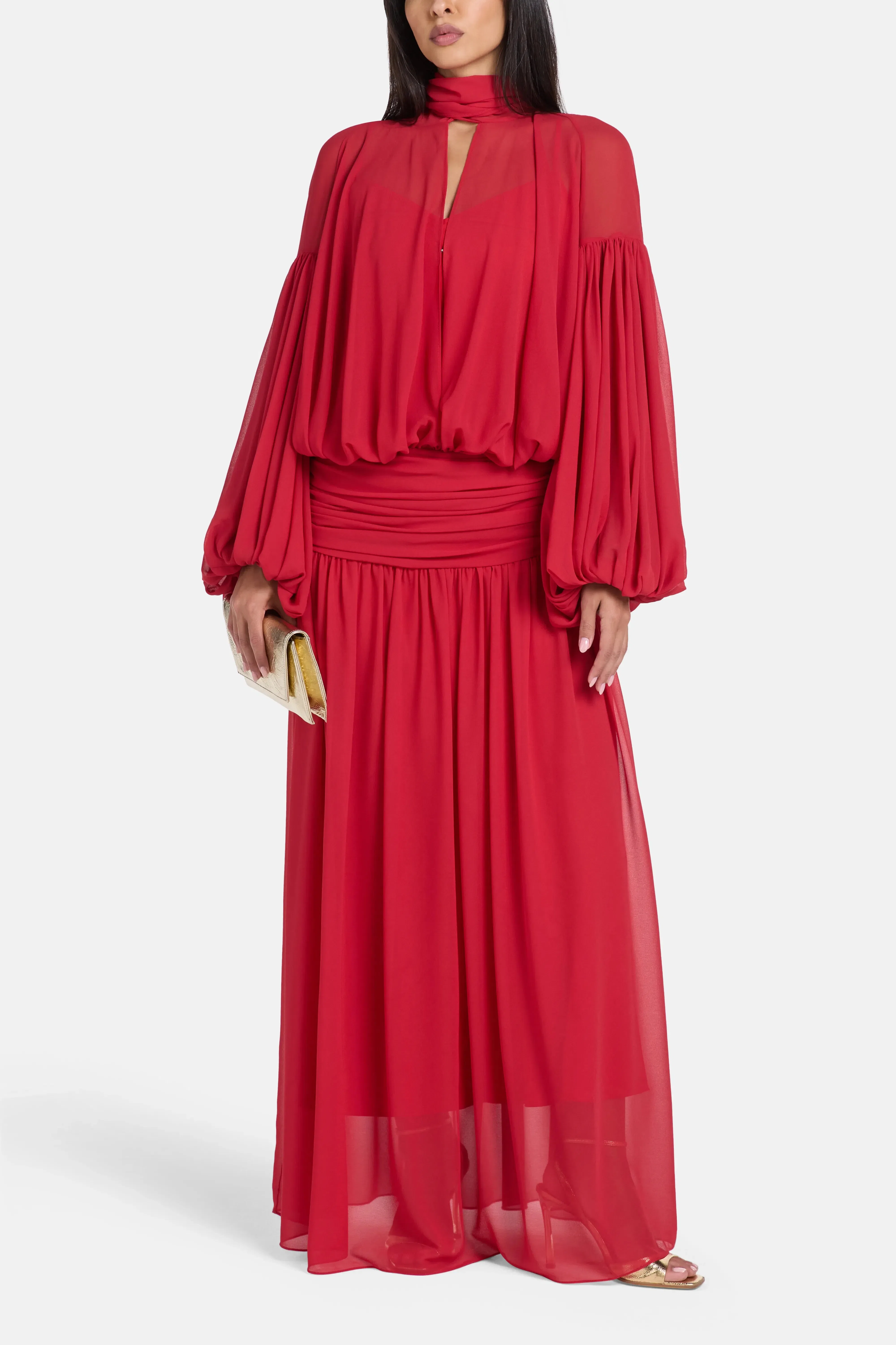 De La Vali Solana Chiffon Maxi Dress in Red with Scarf