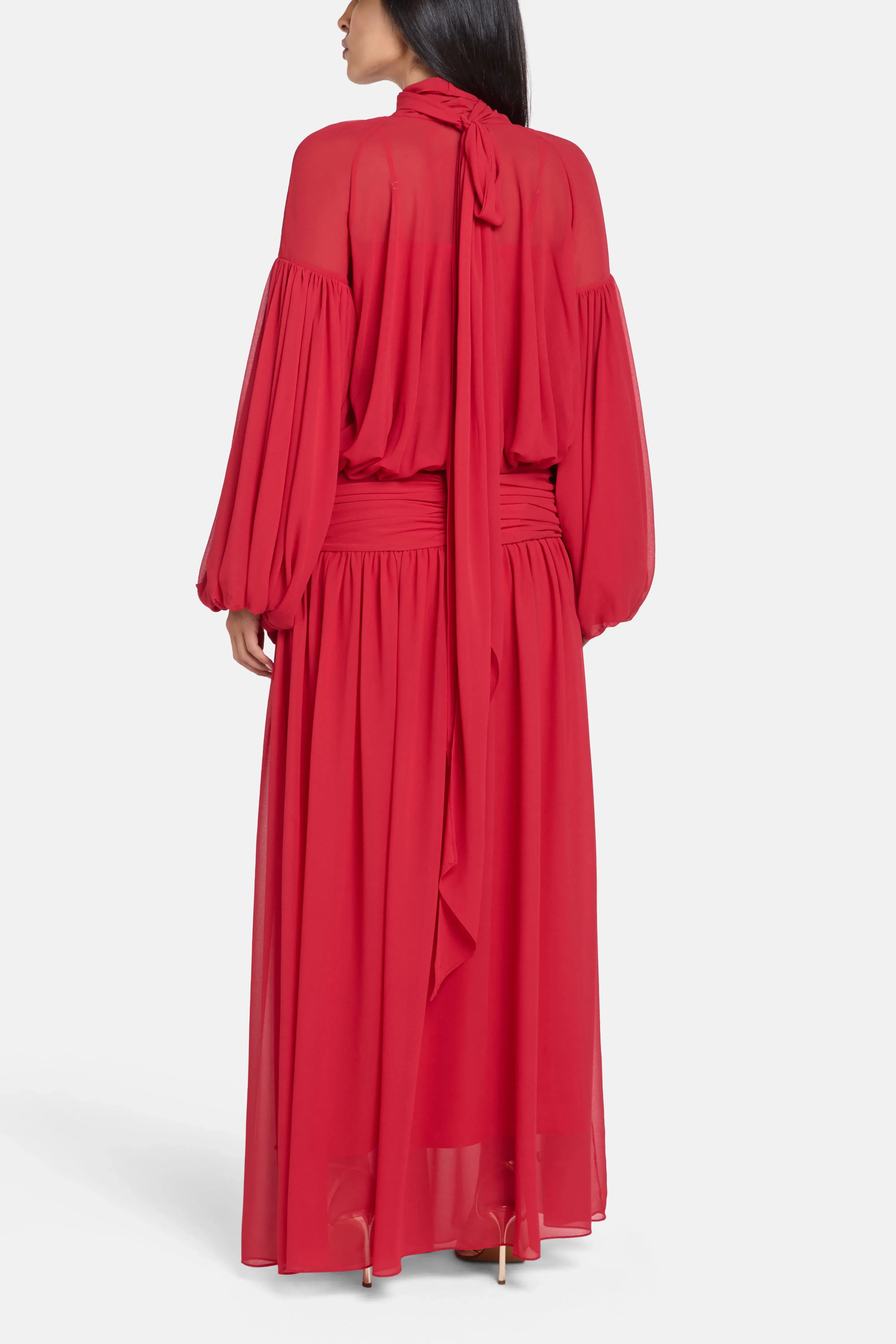 De La Vali Solana Chiffon Maxi Dress in Red with Scarf