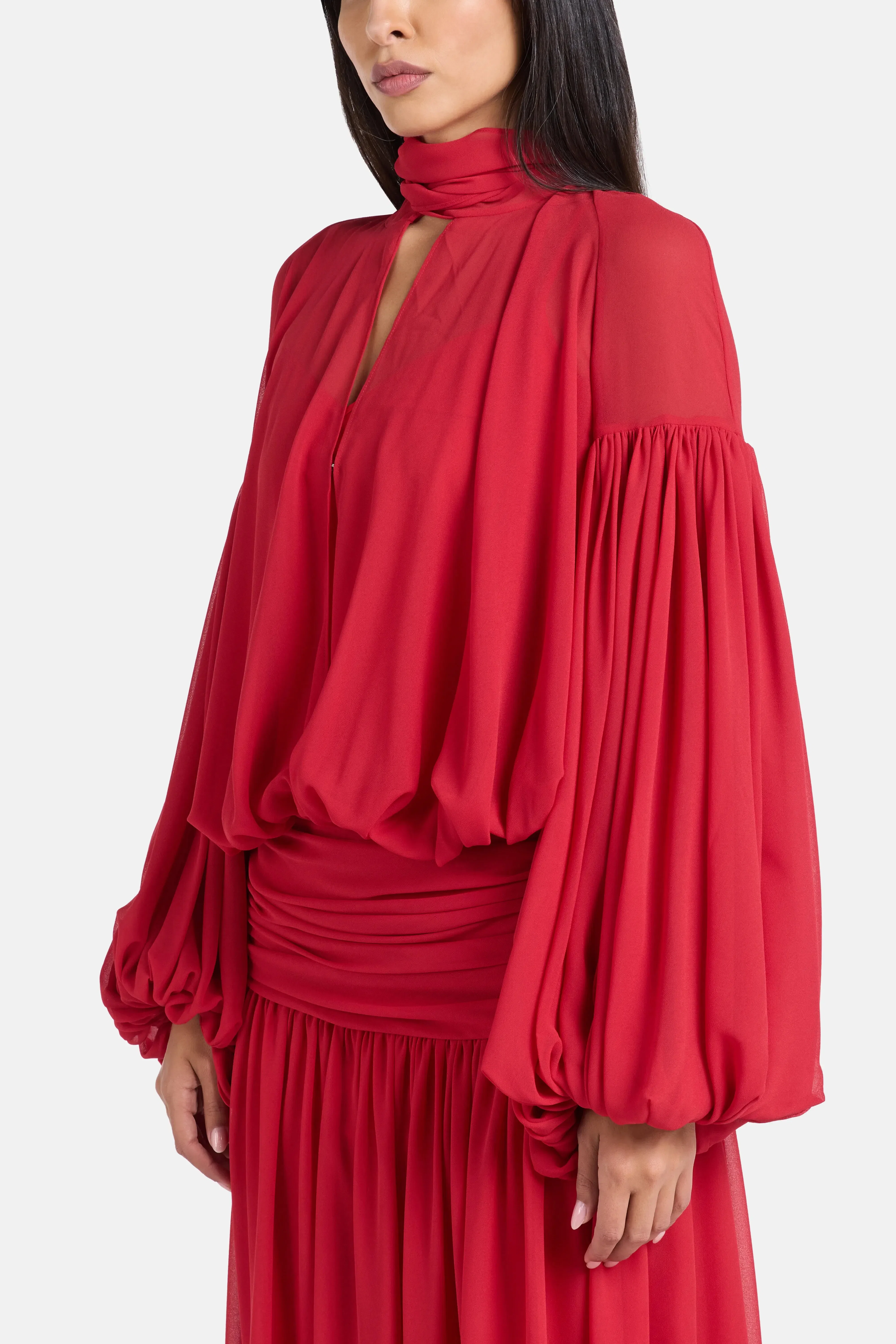 De La Vali Solana Chiffon Maxi Dress in Red with Scarf