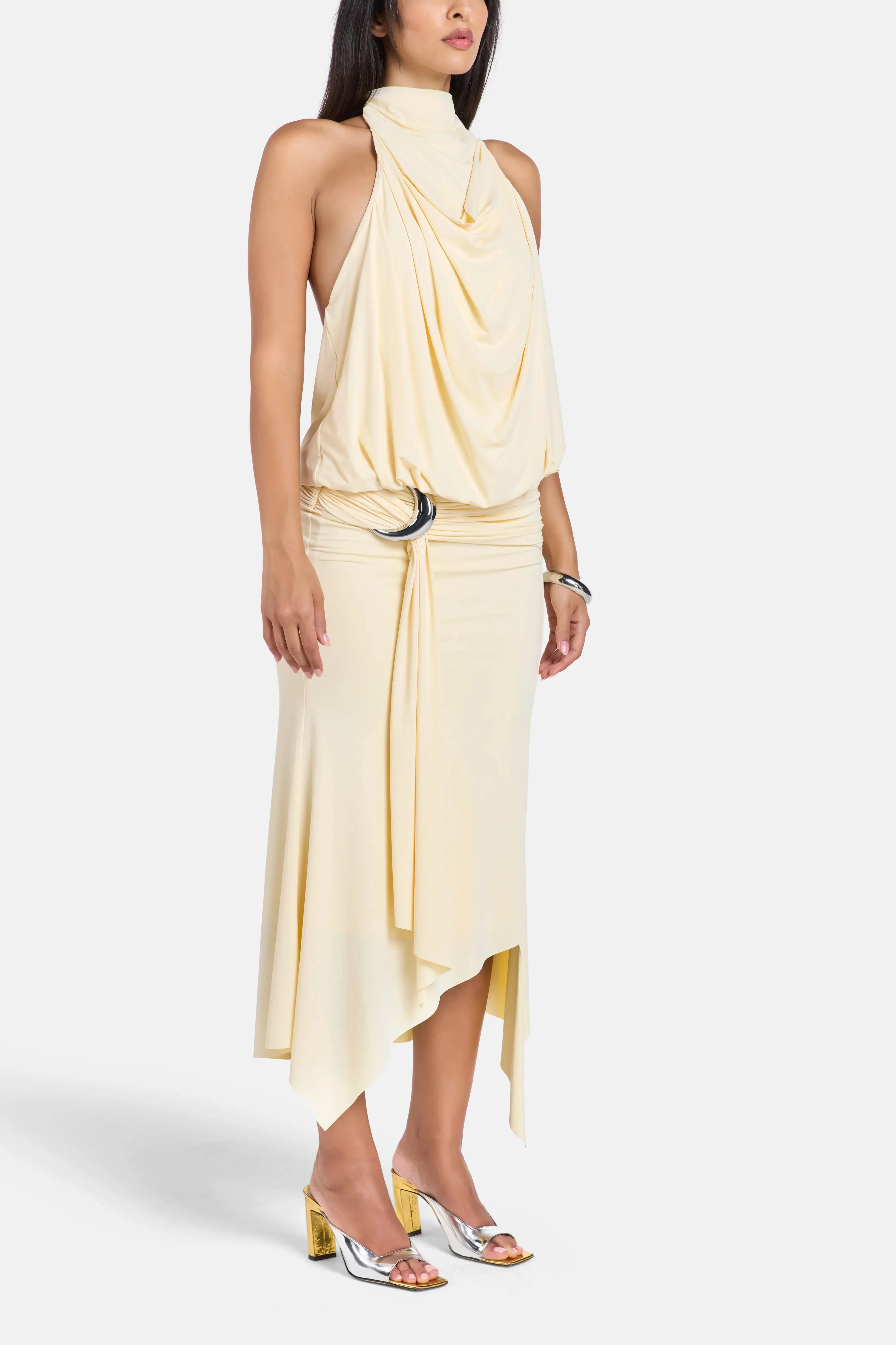 De La Vali Vida Spandex Jersey Halter Neck Midi Dress in White