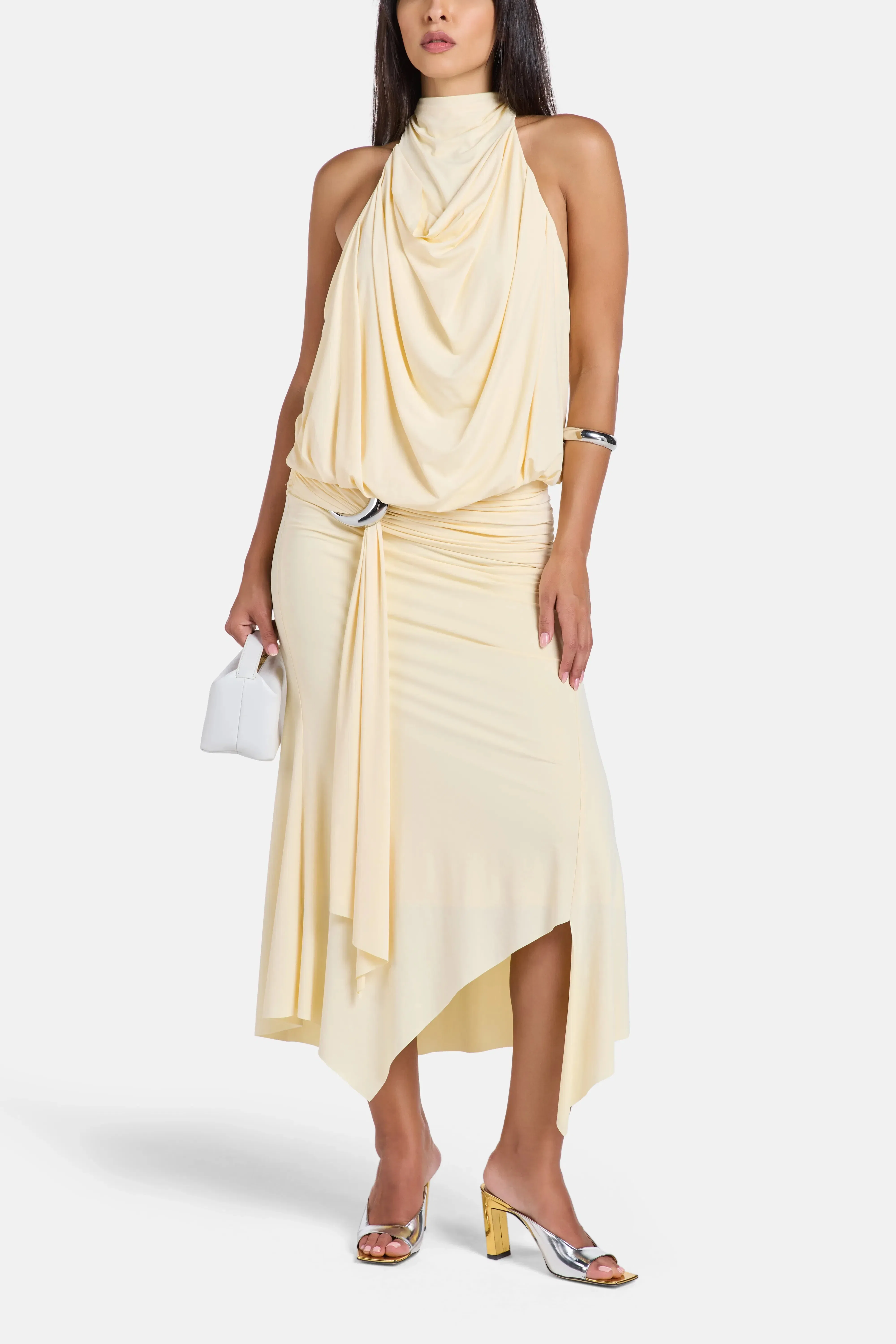 De La Vali Vida Spandex Jersey Halter Neck Midi Dress in White