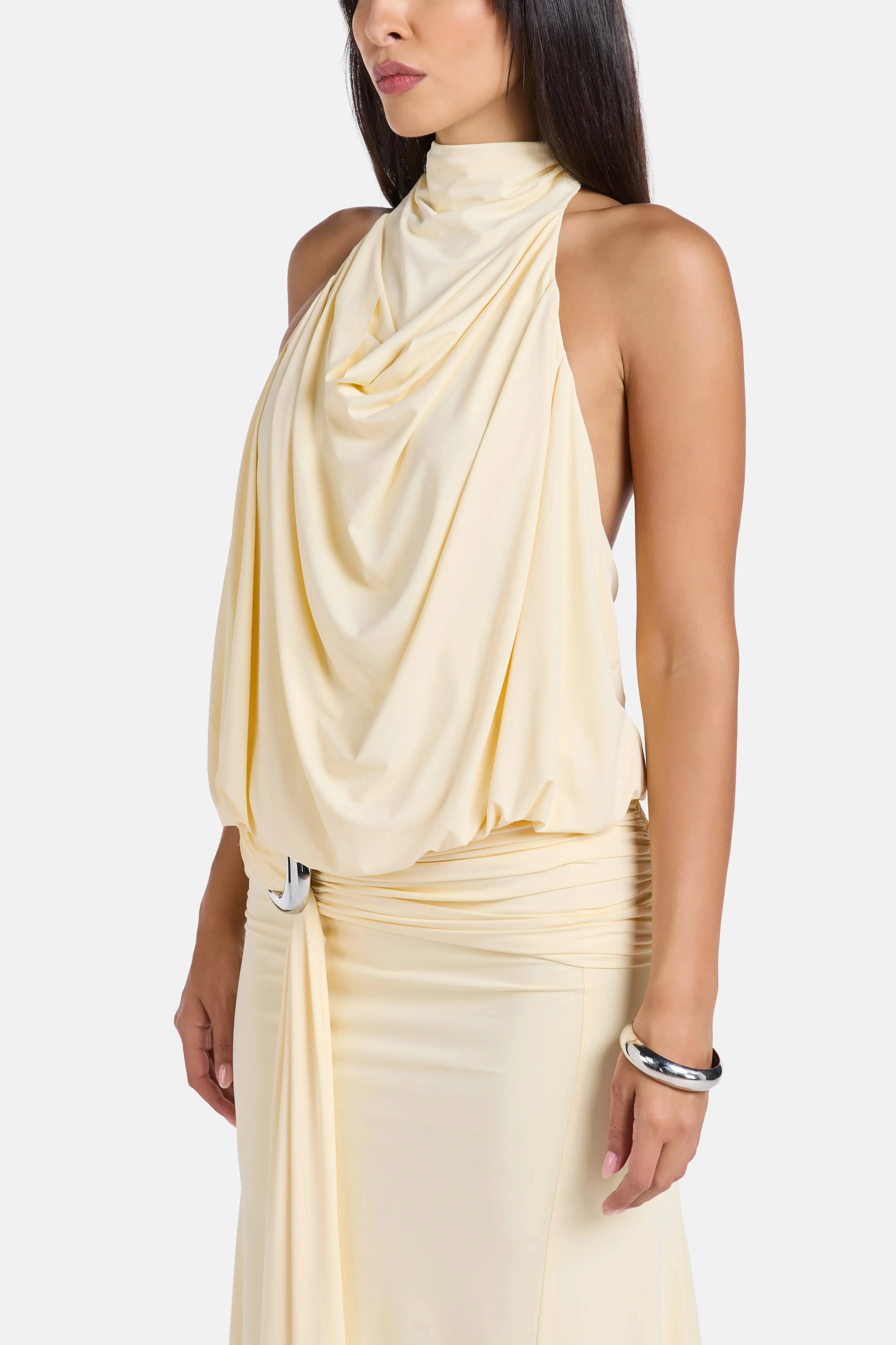 De La Vali Vida Spandex Jersey Halter Neck Midi Dress in White