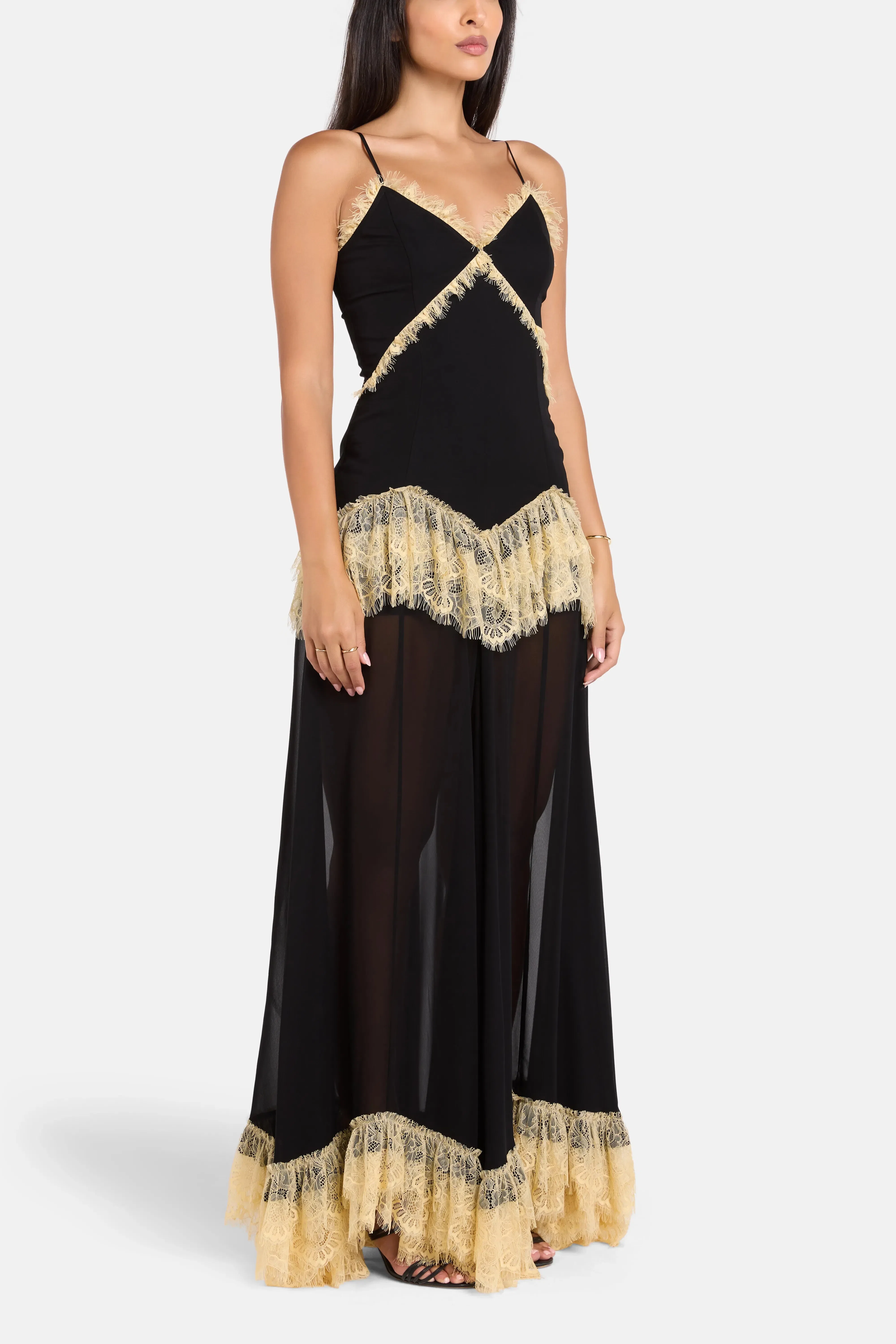De La Vali Estela Viscose Georgette Lace Sleeveless Maxi Dress in Black