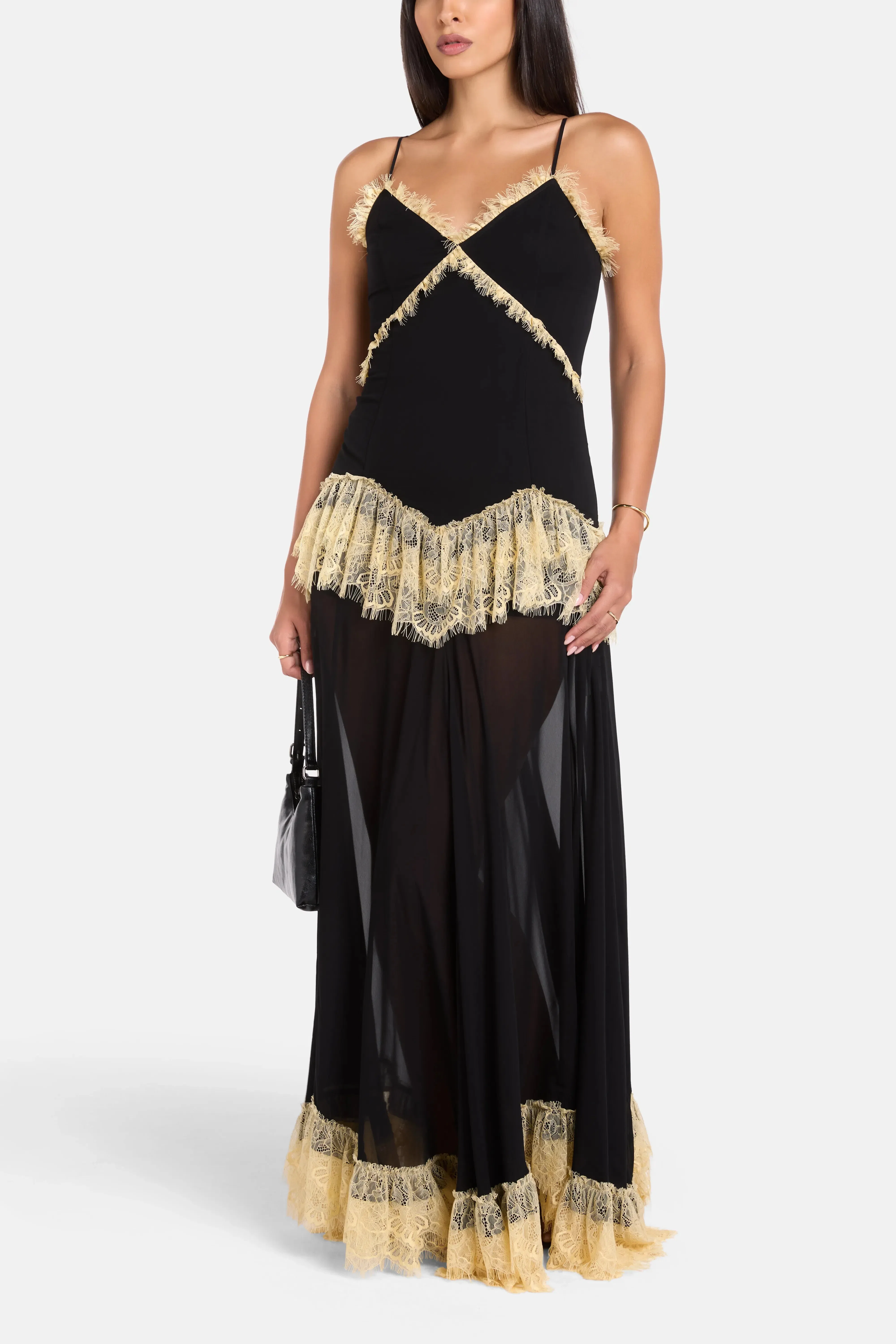 De La Vali Estela Viscose Georgette Lace Sleeveless Maxi Dress in Black