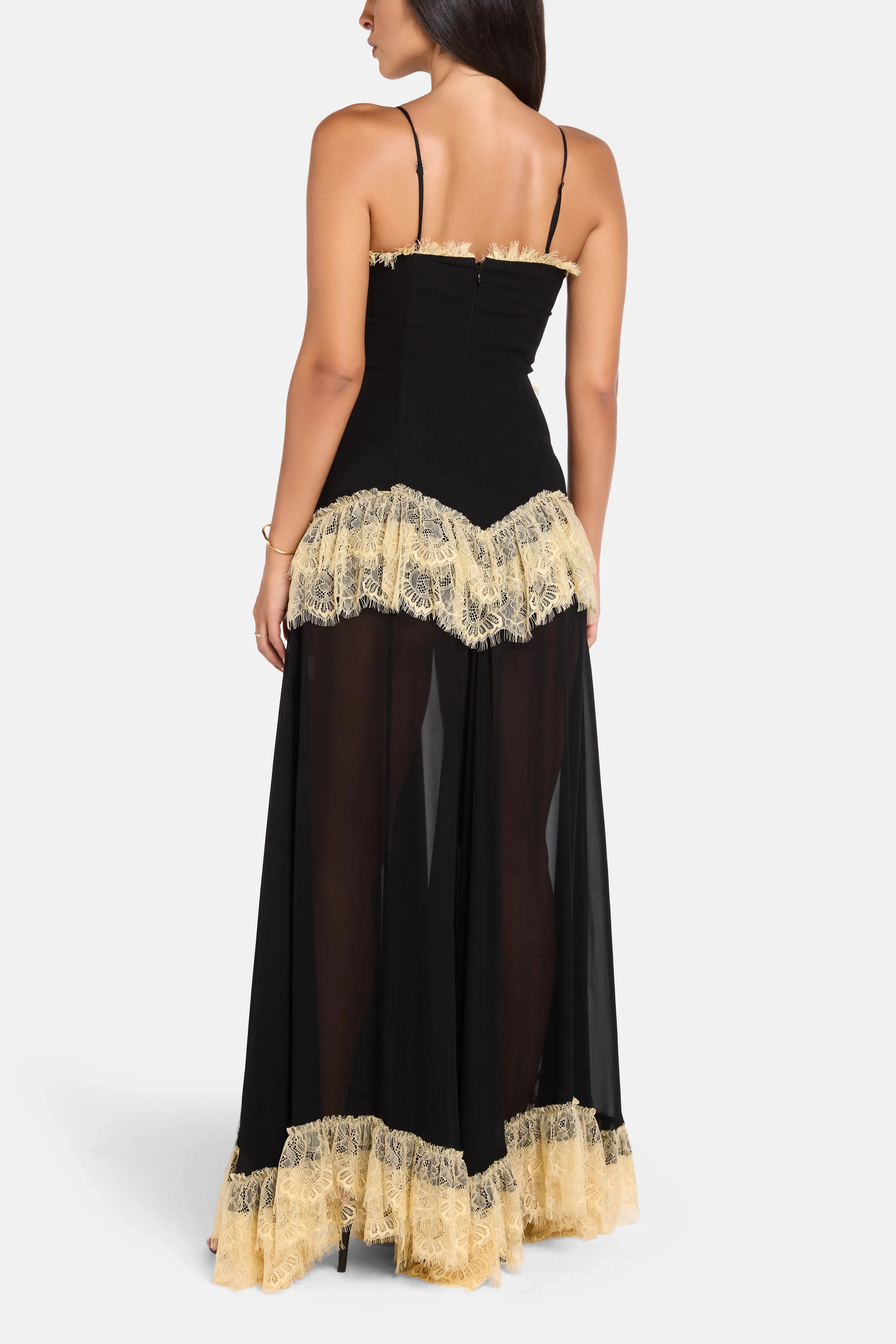 De La Vali Estela Viscose Georgette Lace Sleeveless Maxi Dress in Black