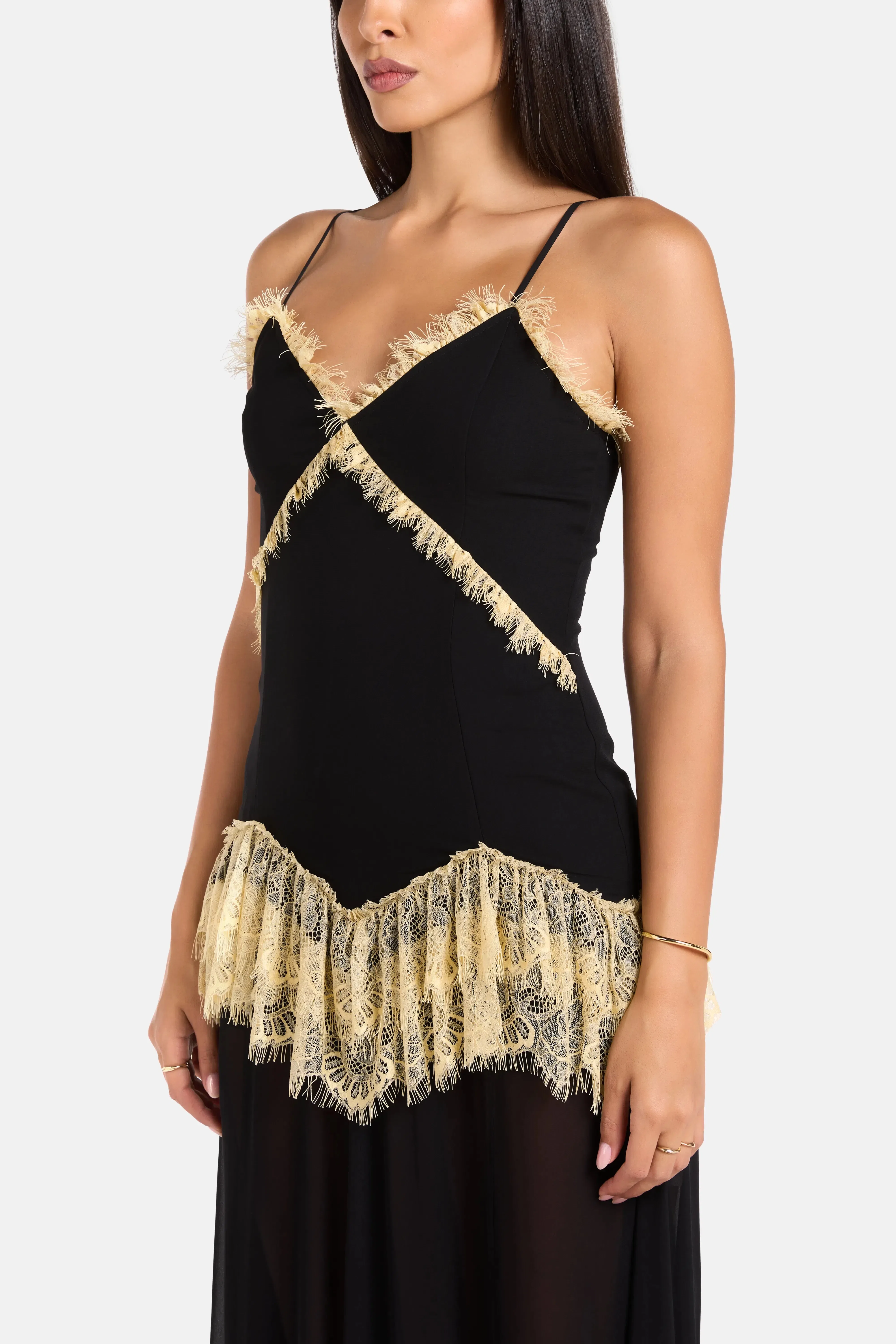 De La Vali Estela Viscose Georgette Lace Sleeveless Maxi Dress in Black
