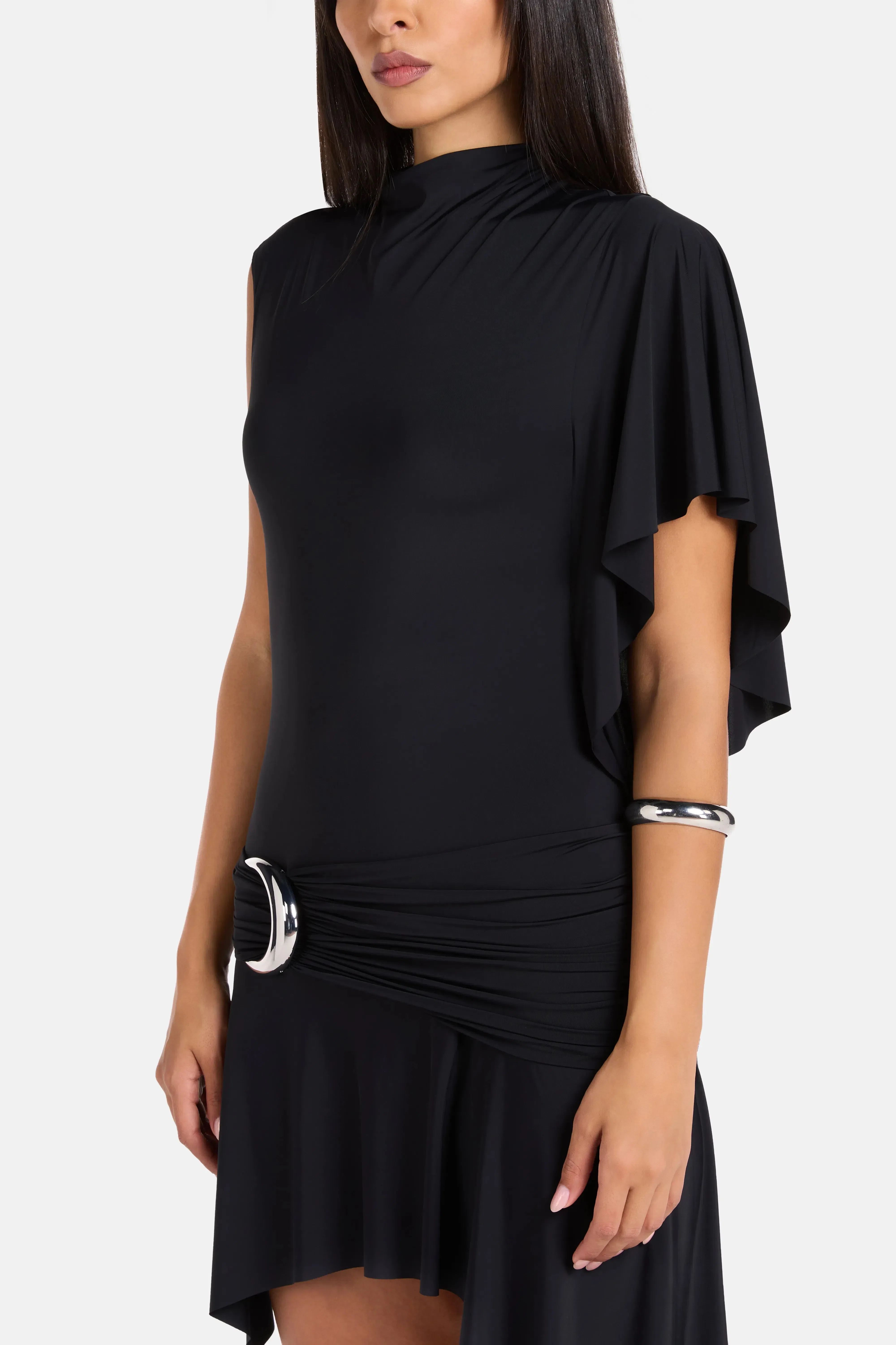 De La Vali Titan One Shoulder Spandex Jersey Mini Dress in Black