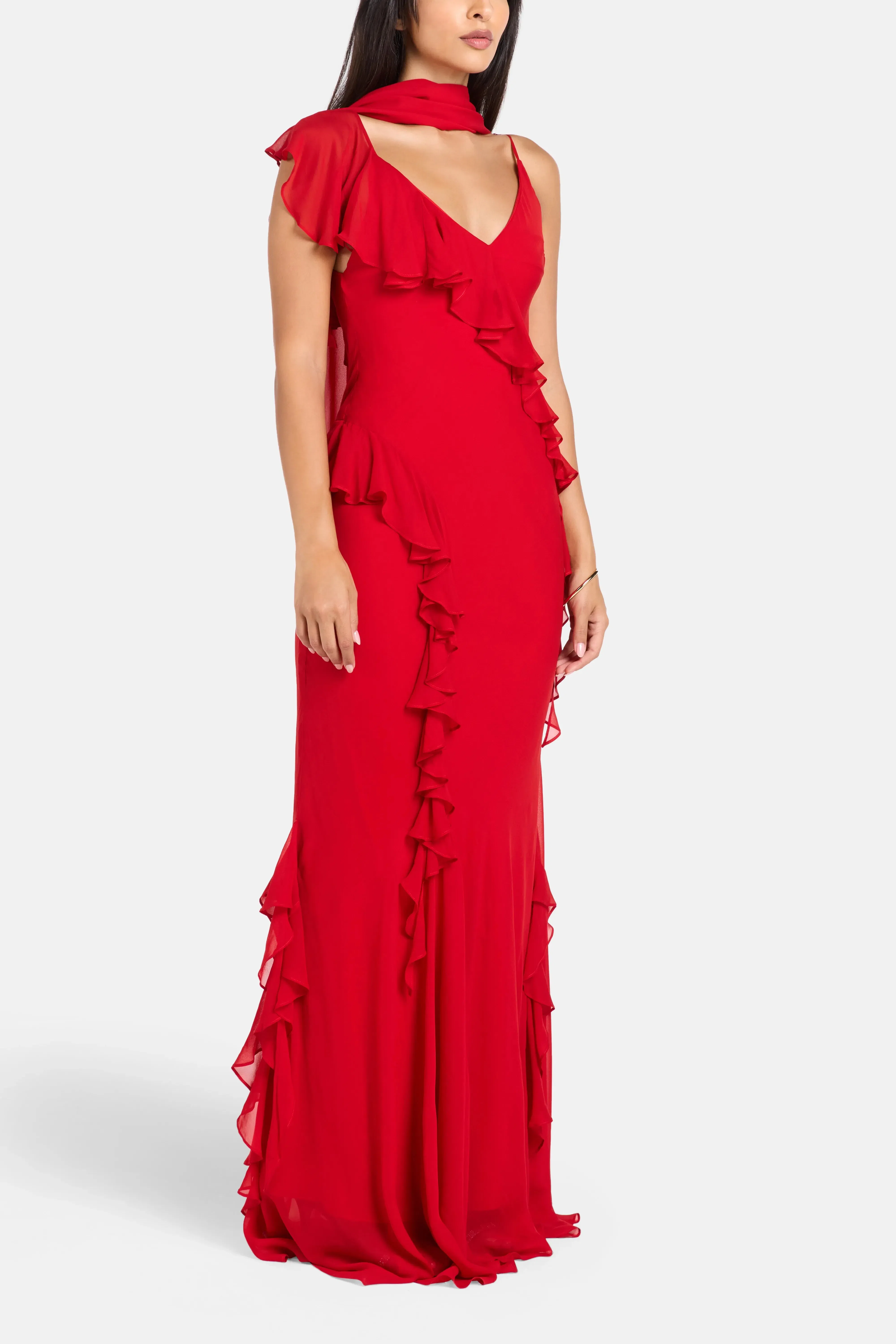 De La Vali Mayara Viscose Georgette Sleeveless Ruffles Maxi Dress in Red with Cape