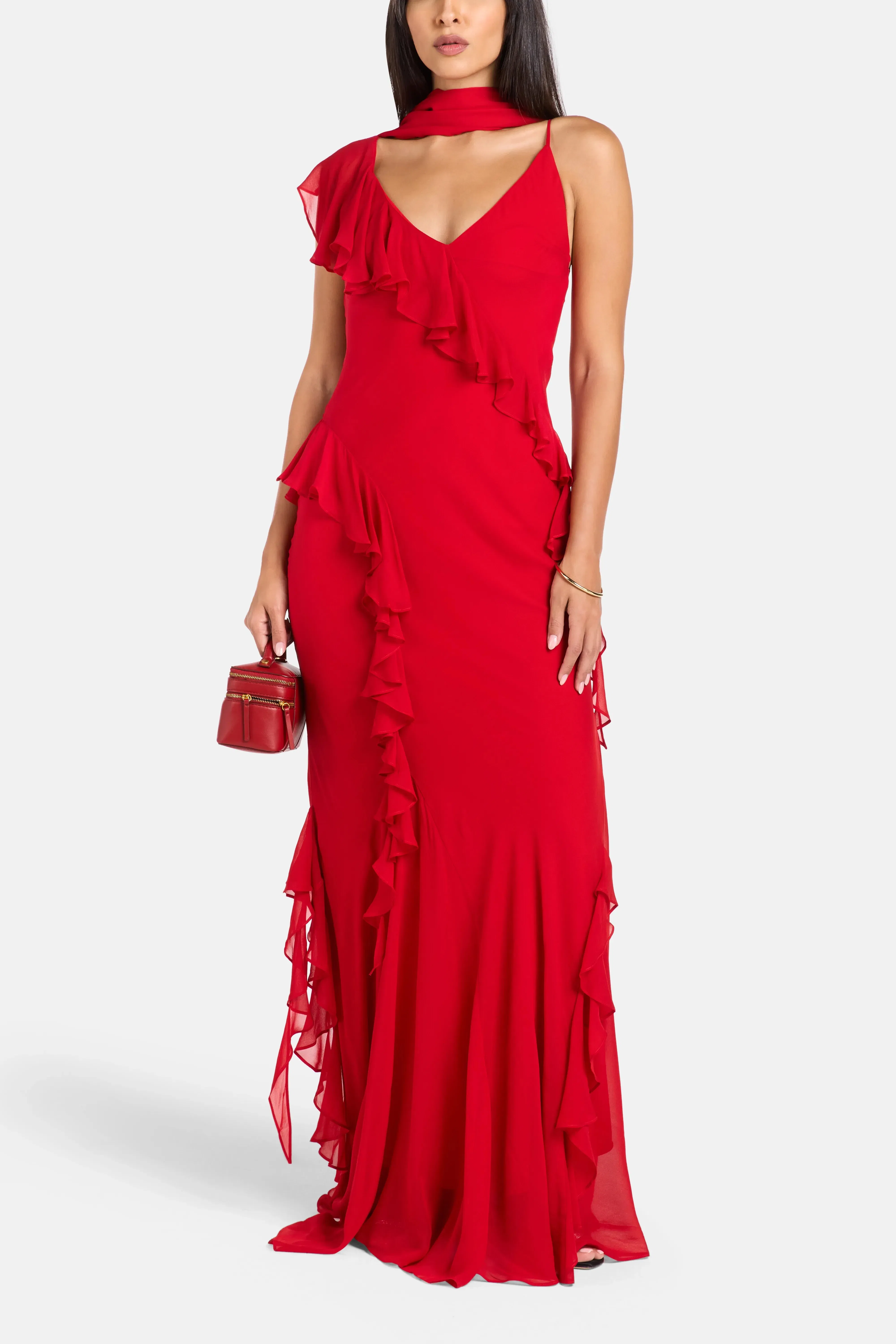 De La Vali Mayara Viscose Georgette Sleeveless Ruffles Maxi Dress in Red with Cape