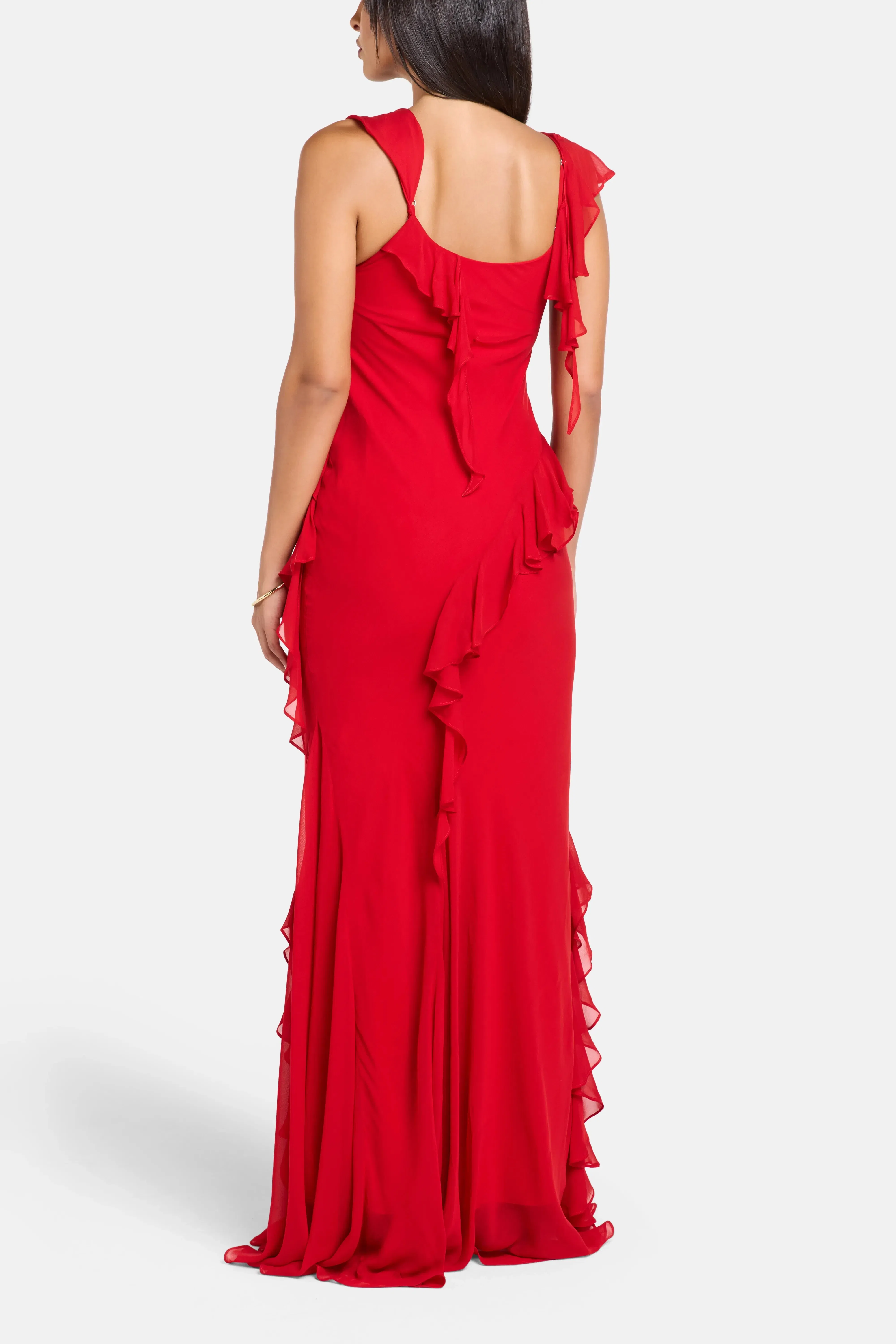 De La Vali Mayara Viscose Georgette Sleeveless Ruffles Maxi Dress in Red with Cape