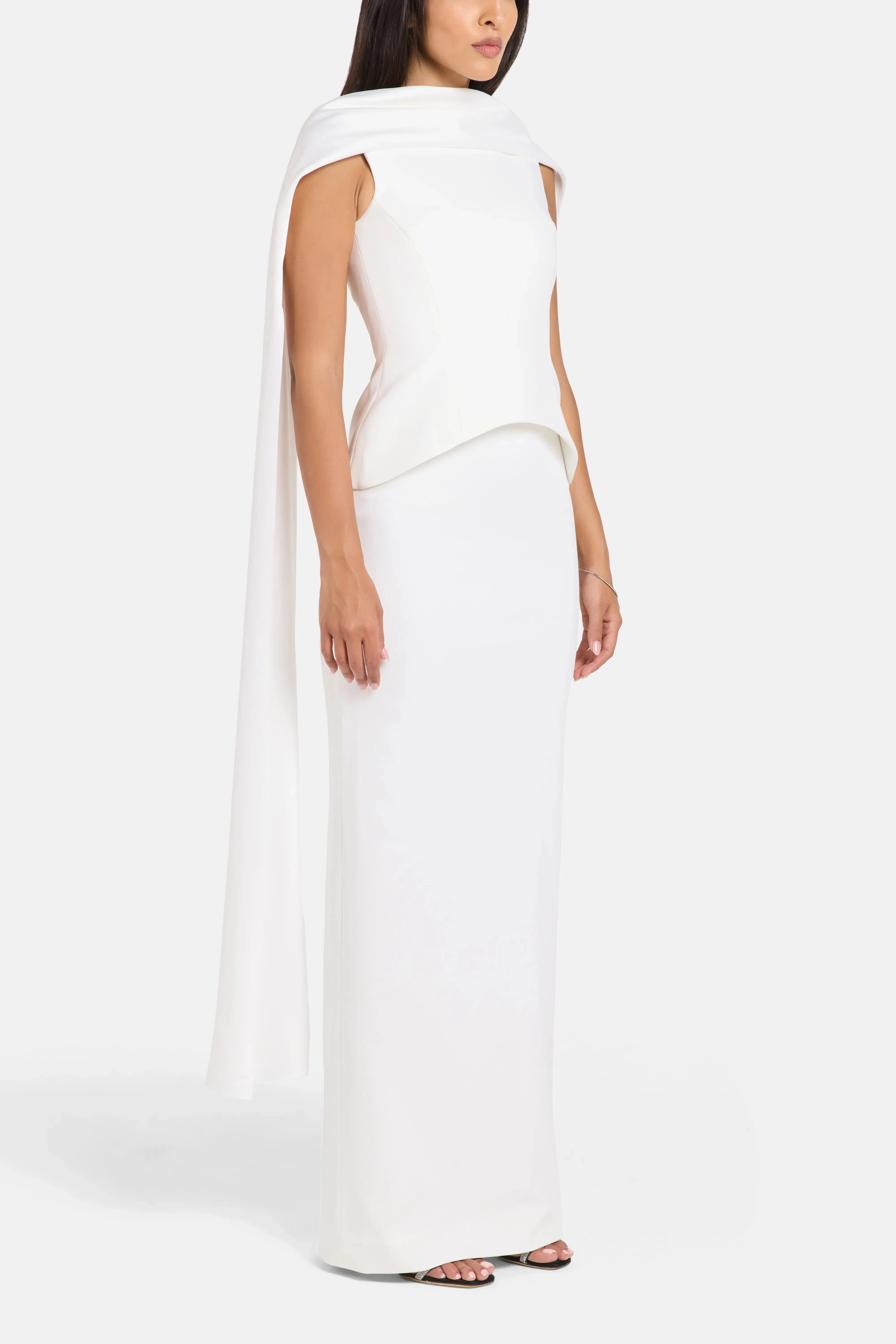 Solace London Annie Evening Dress in White with Cape