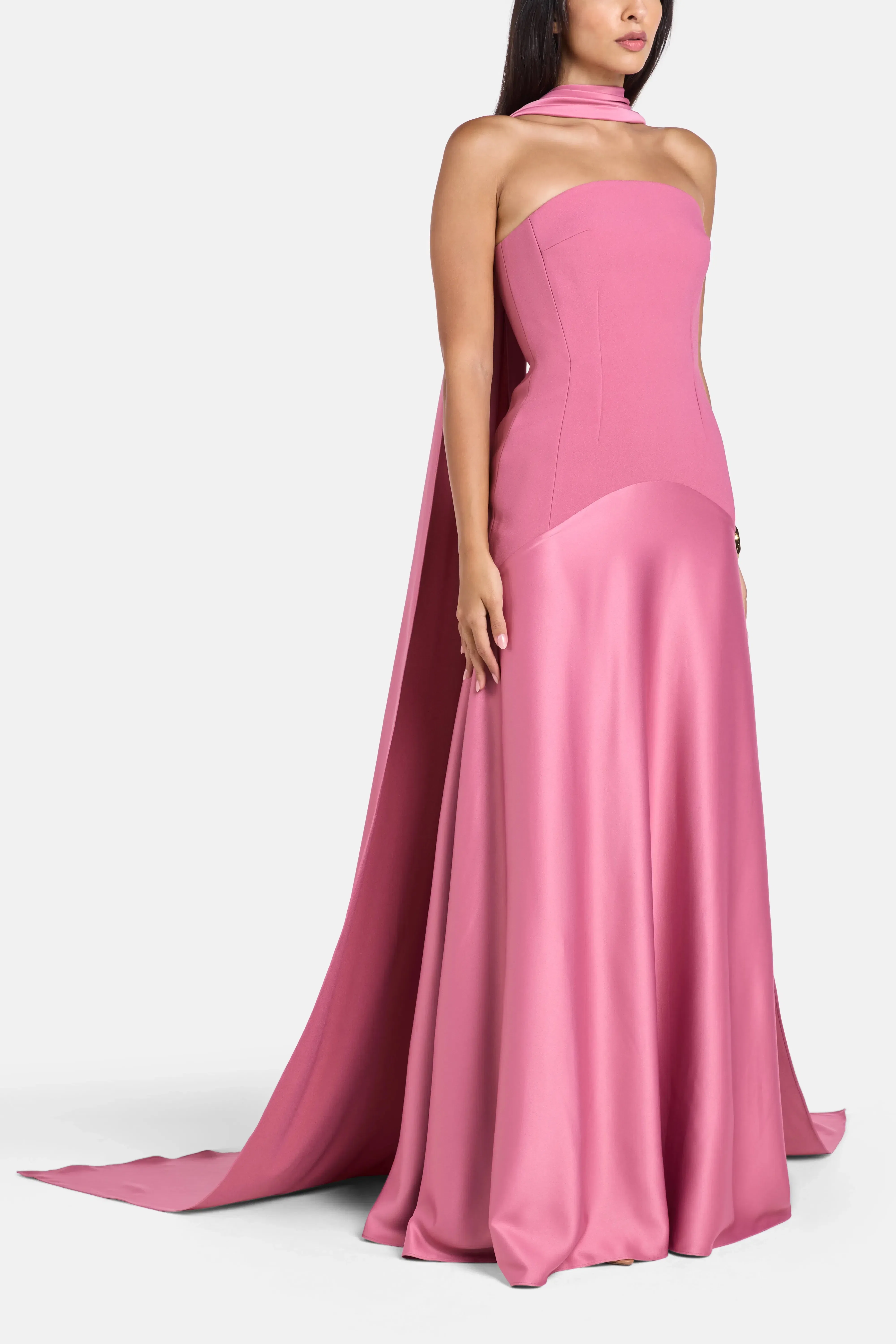 Solace London Mae Strapless Evening Dress in Pink with Scarf