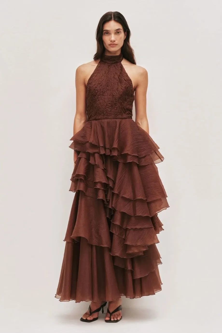 Aje Fayette Ruffles Halter Neck Sleeveless Maxi Dress in Brown