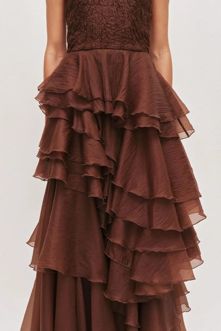 Aje Fayette Ruffles Halter Neck Sleeveless Maxi Dress in Brown