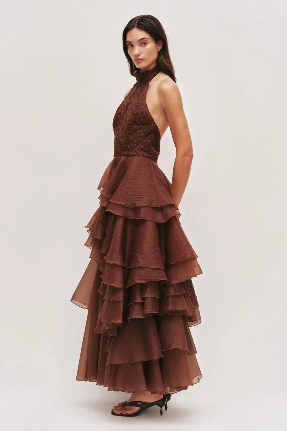 Aje Fayette Ruffles Halter Neck Sleeveless Maxi Dress in Brown