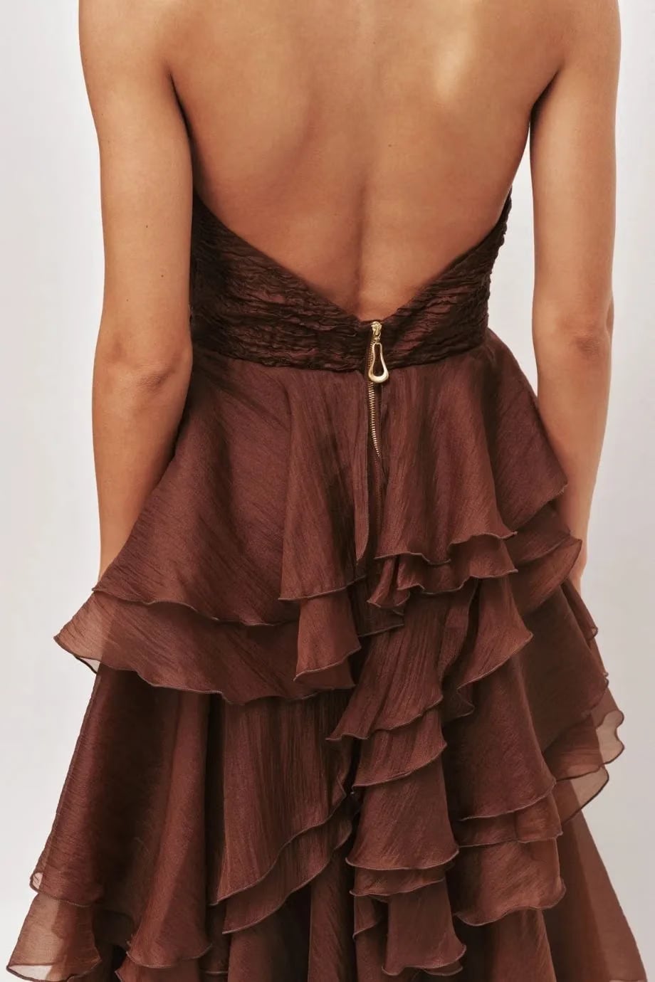 Aje Fayette Ruffles Halter Neck Sleeveless Maxi Dress in Brown