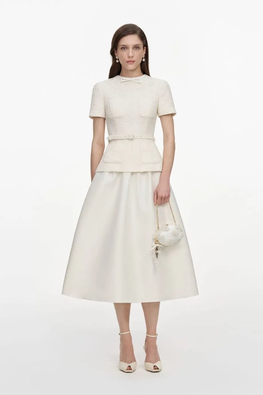 Self-Portrait Boucle Short Sleeves Taffeta Belted Midi Dress in Cream