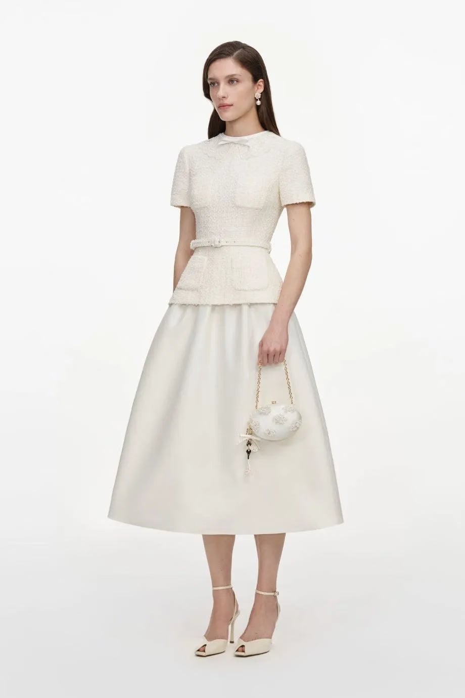 Self-Portrait Boucle Short Sleeves Taffeta Belted Midi Dress in Cream