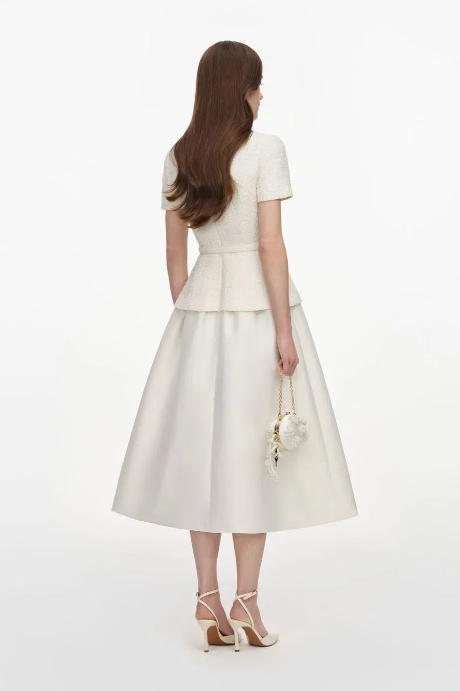 Self-Portrait Boucle Short Sleeves Taffeta Belted Midi Dress in Cream