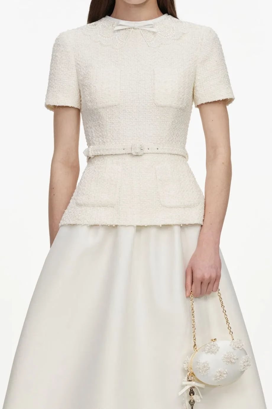 Self-Portrait Boucle Short Sleeves Taffeta Belted Midi Dress in Cream