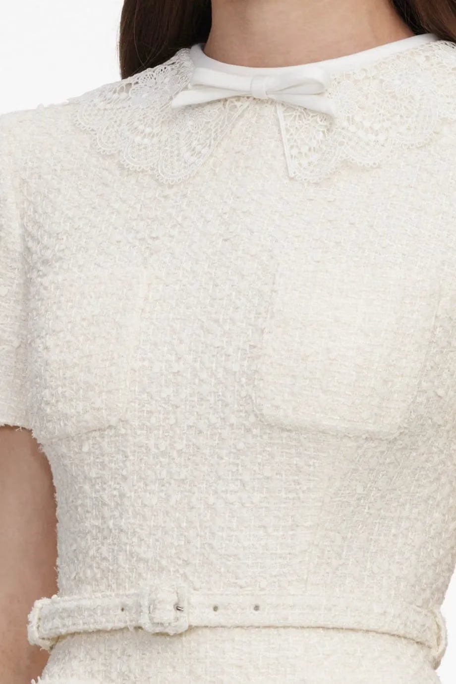 Self-Portrait Boucle Short Sleeves Taffeta Belted Midi Dress in Cream