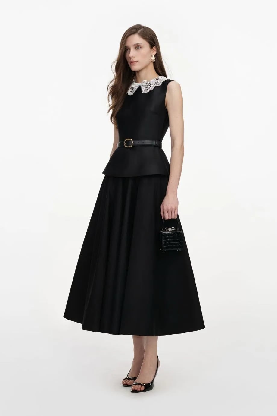 Self-Portrait Taffeta Sleeveless Peplum Belted Sleeveless Midi Dress in Black